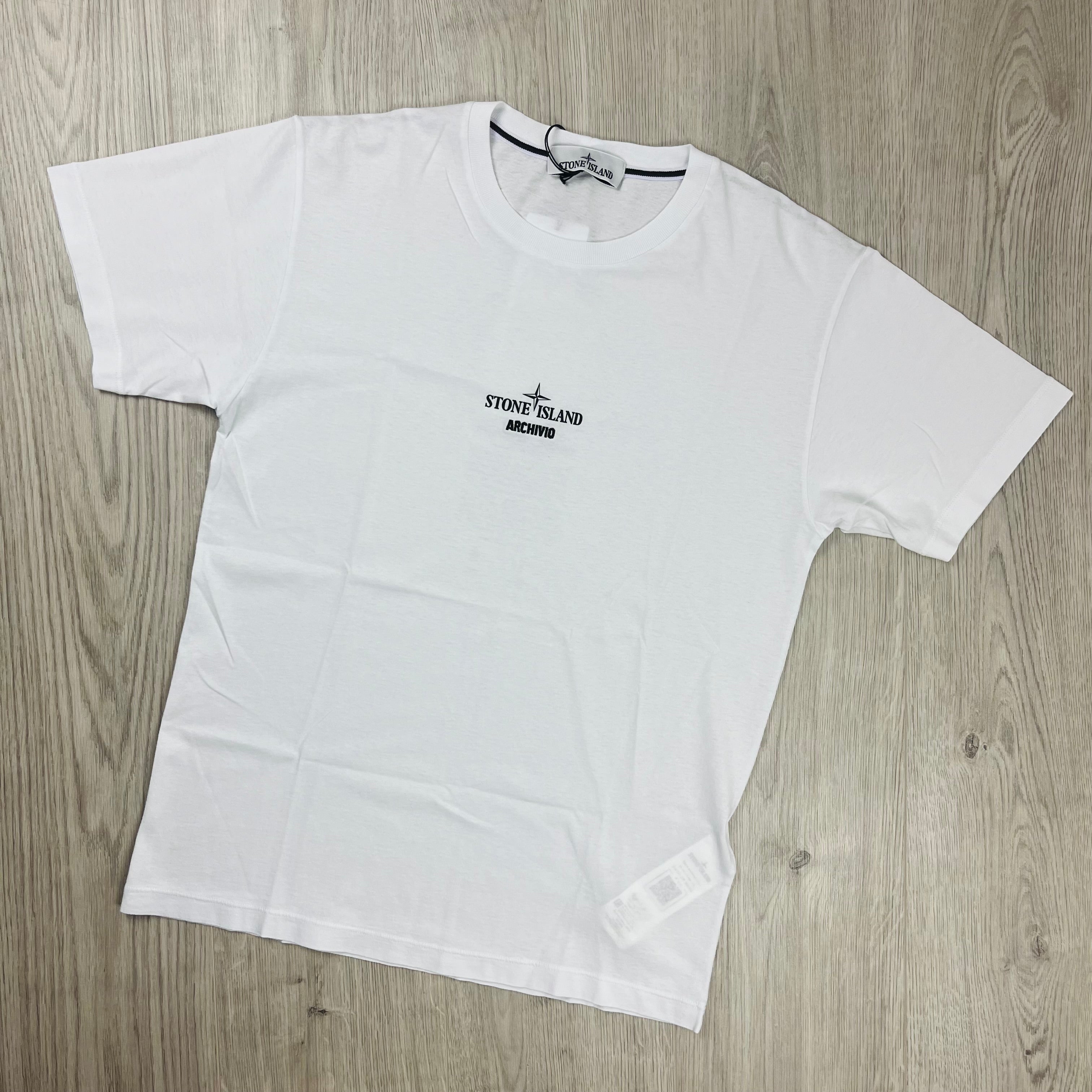Men's Stone Island Archivio T-Shirt in White with a centrally printed compass logo. On sale at Open Attire.