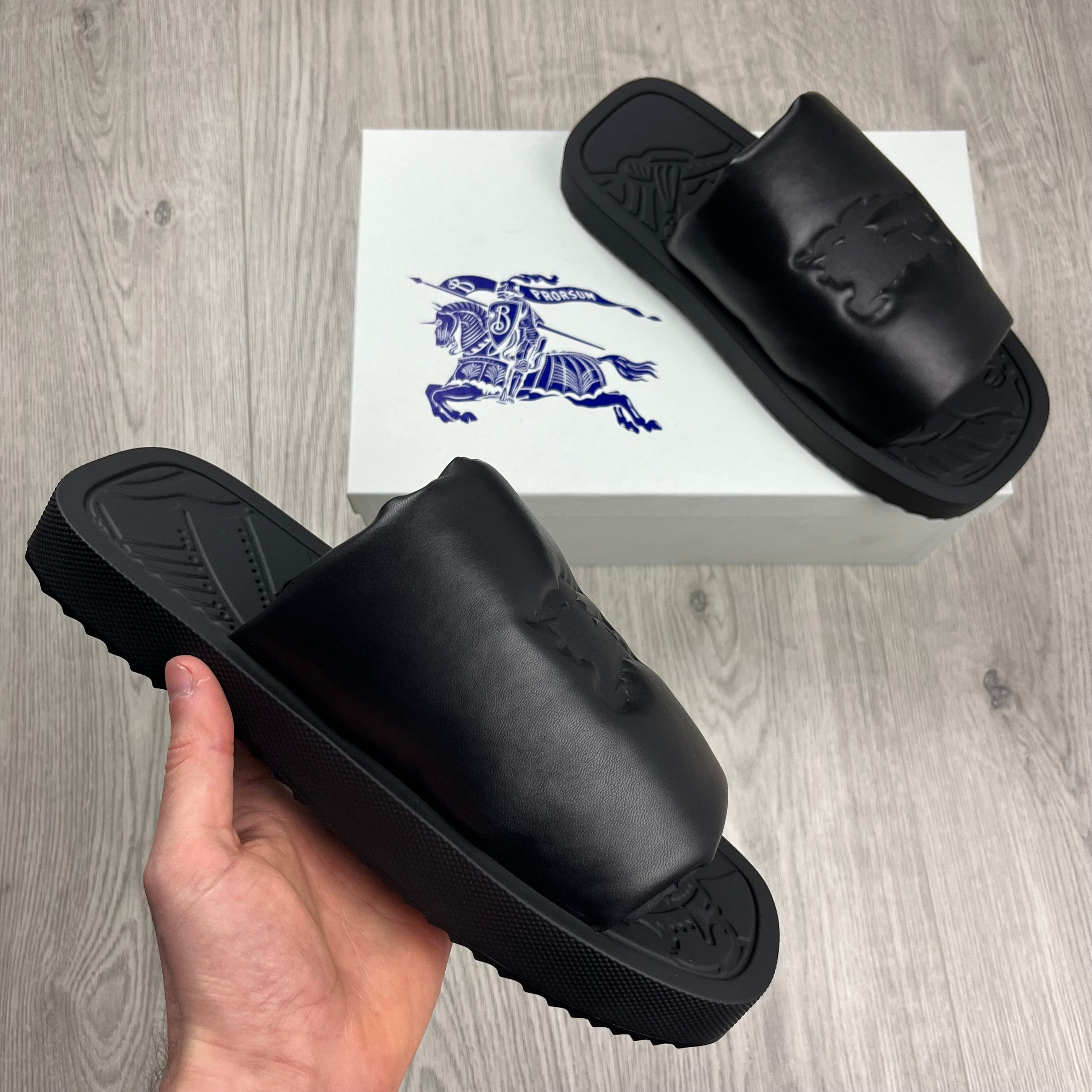 Burberry EKD Slab Slides in Black. On sale at Open Attire.