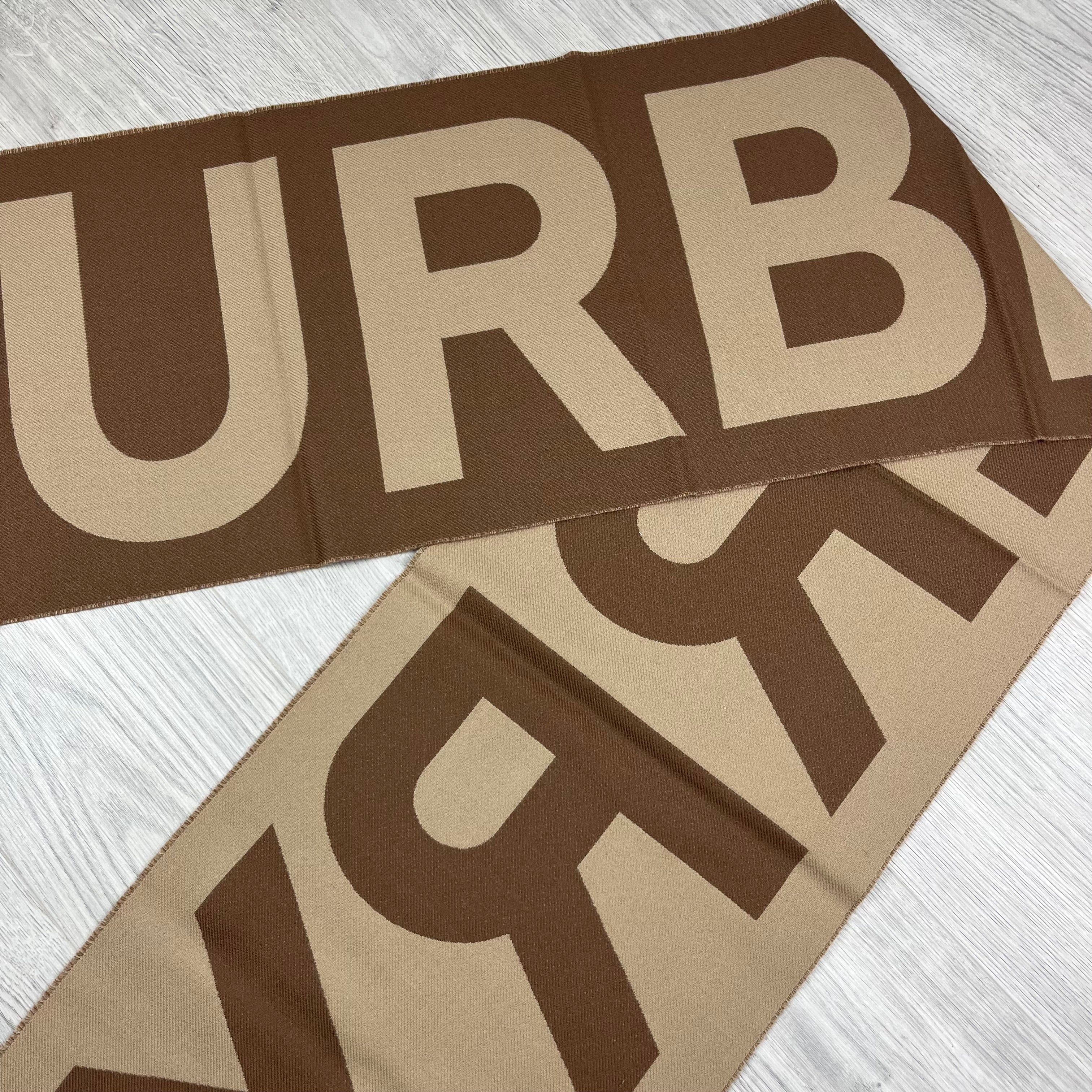Burberry Wool Scarf in Birch Brown. On sale at Open Attire.