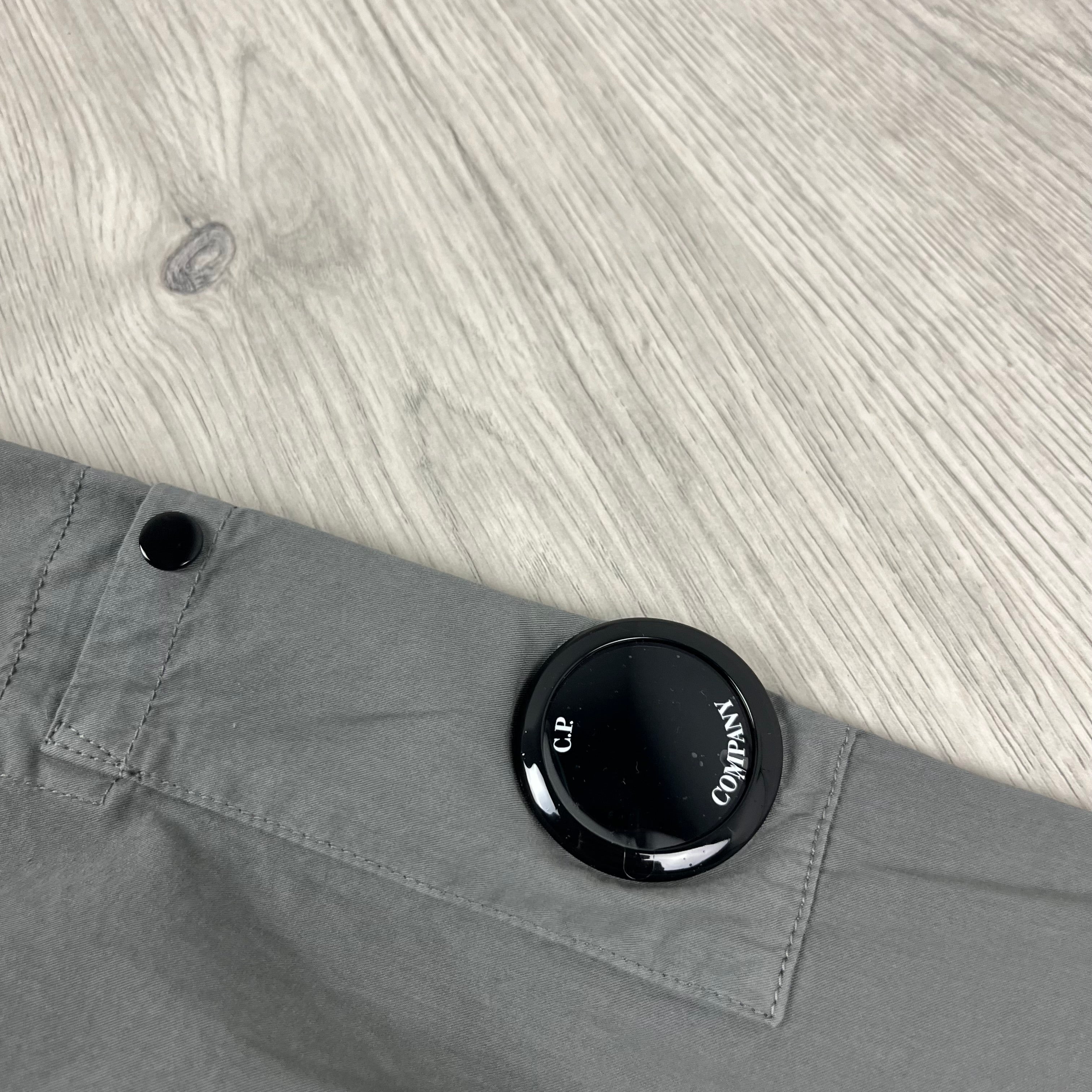 CP Company Button Gabardine Overshirt in Smoked Pearl. On sale at Open Attire.