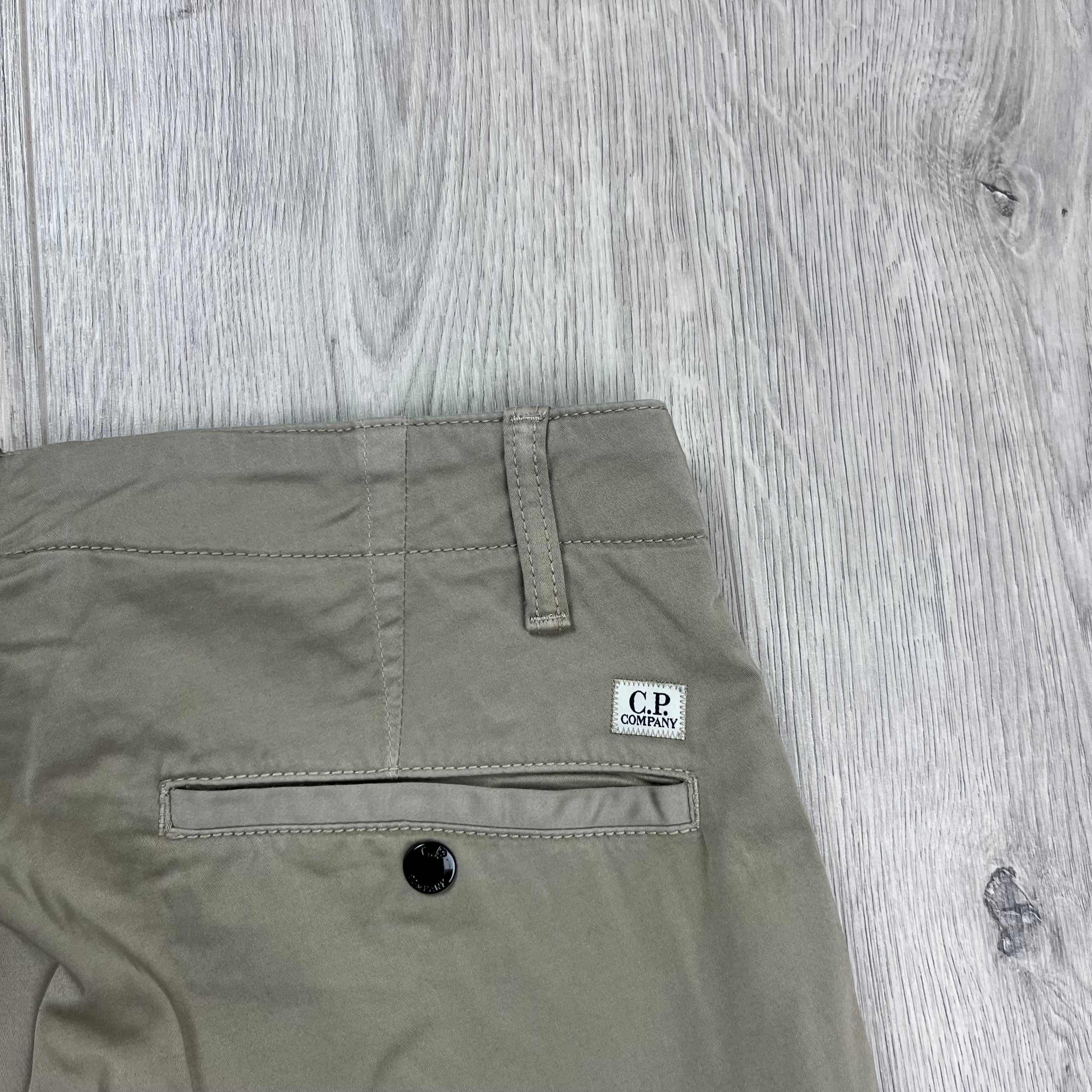 CP Company Stretch Sateen Cargo Trousers in Vintage Khaki. On sale at Open Attire.