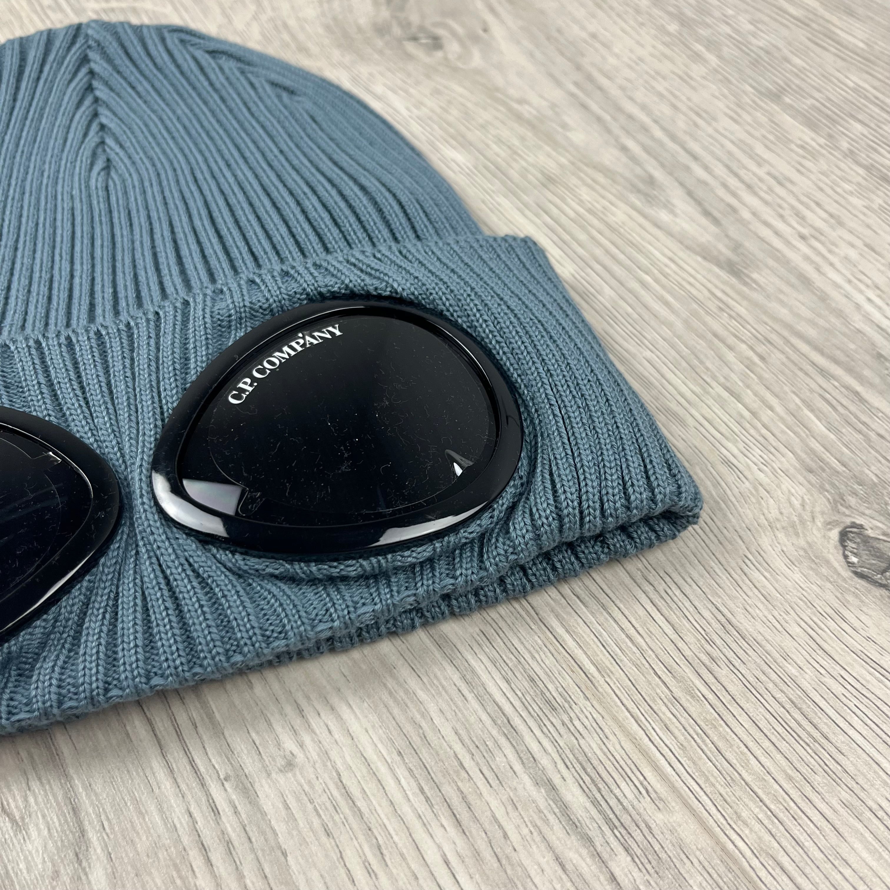 CP Company Cotton Goggle Beanie in Stormy Weather. On sale at Open Attire.