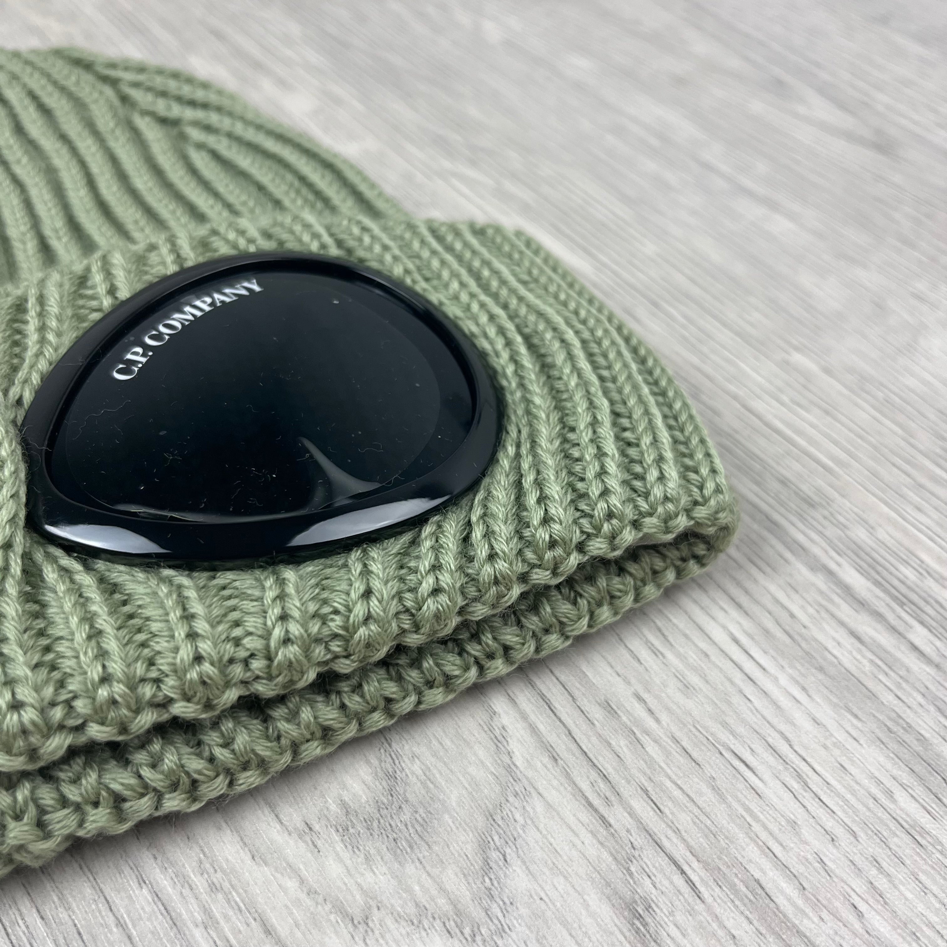 Men's CP Company Merino Wool Goggle Beanie in Tea Green. On sale at Open Attire.