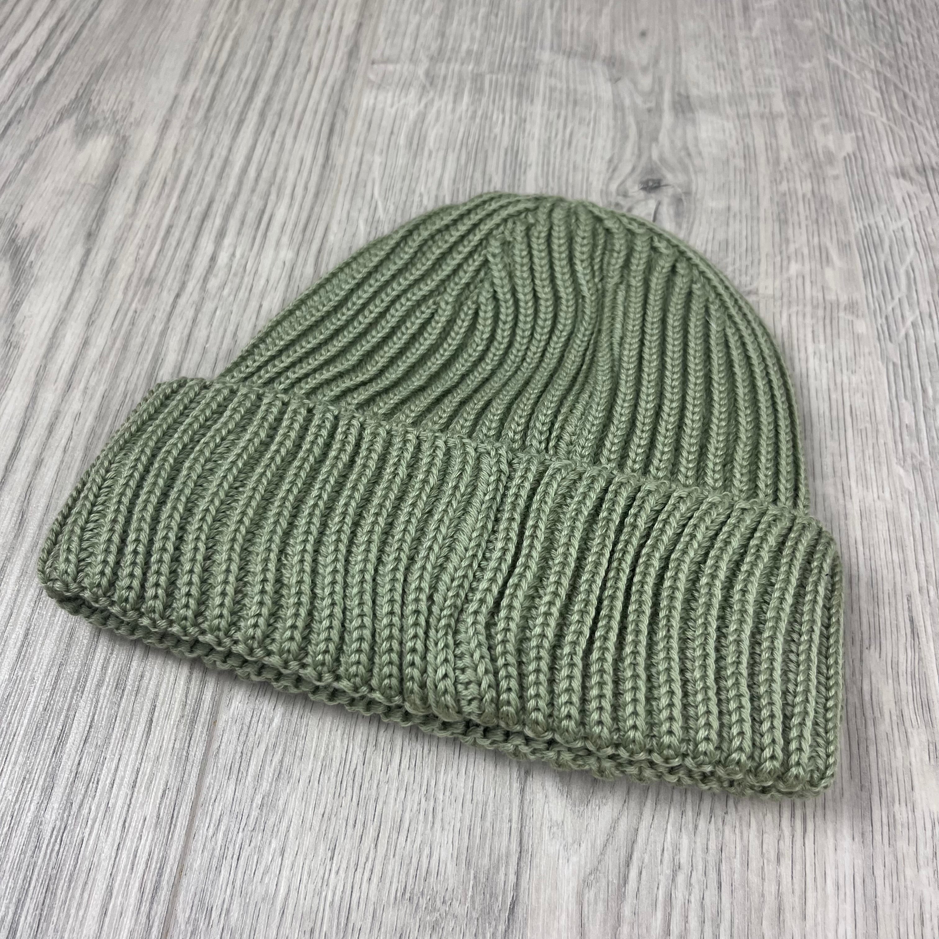 Men's CP Company Merino Wool Goggle Beanie in Tea Green. On sale at Open Attire.