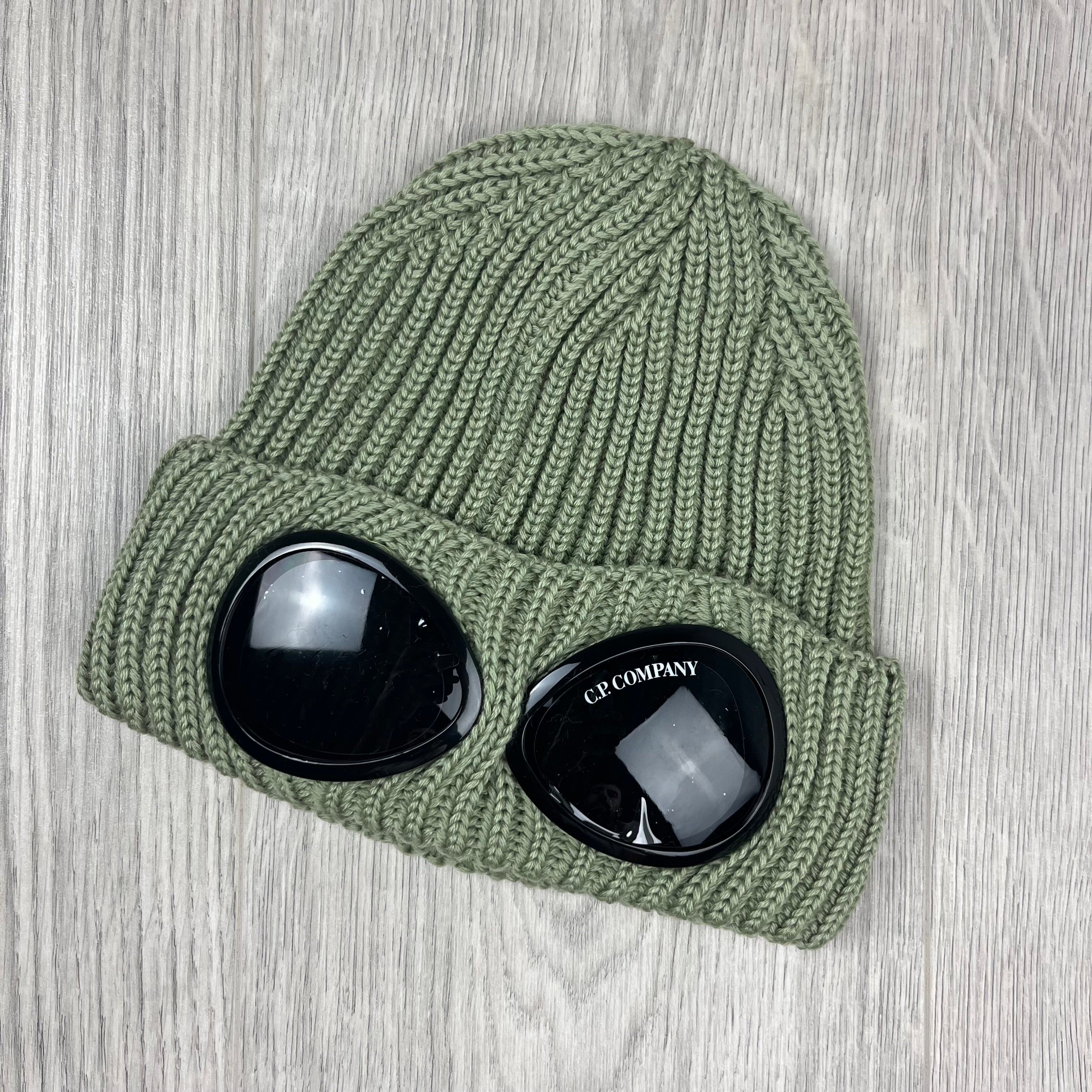 Men's CP Company Merino Wool Goggle Beanie in Tea Green. On sale at Open Attire.