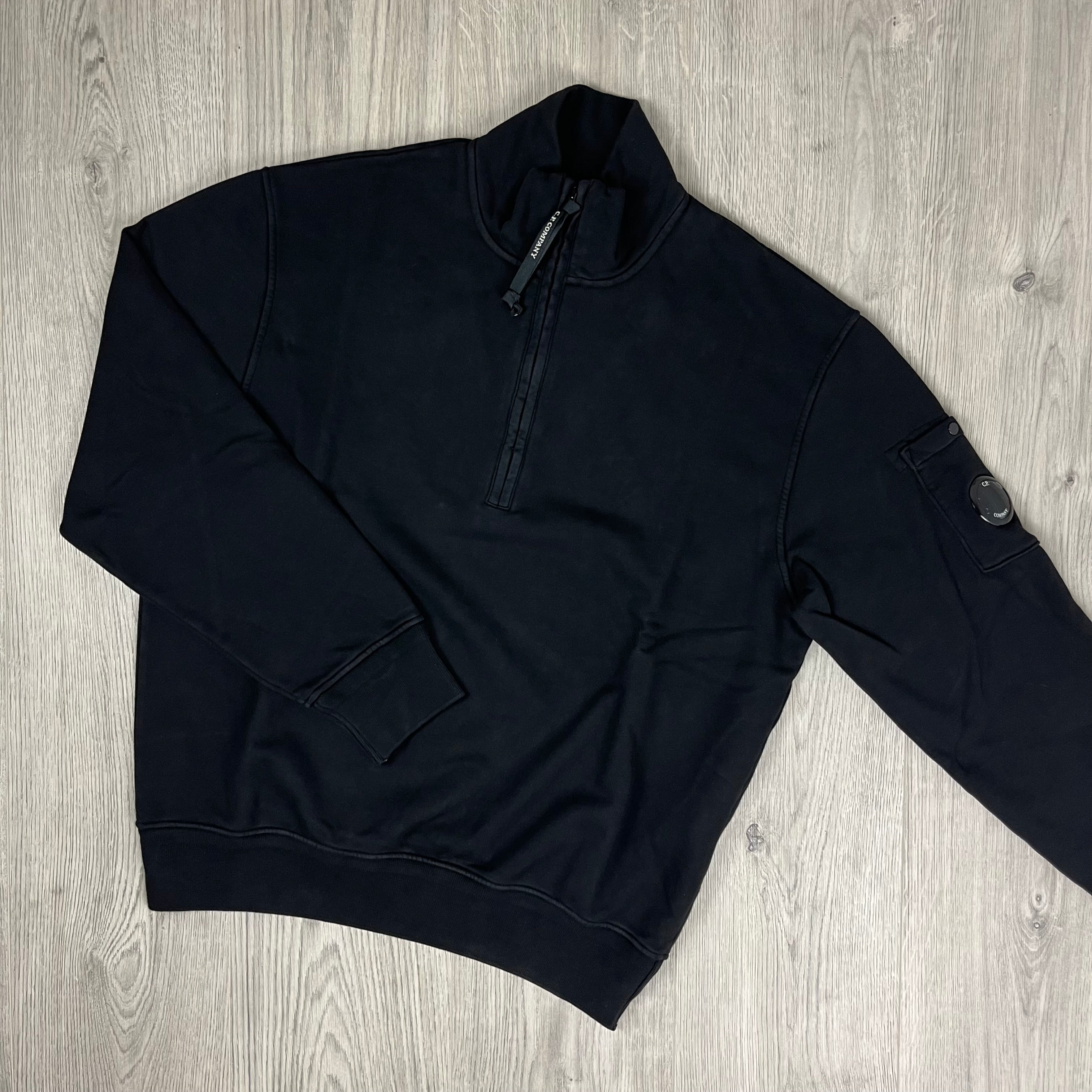 Men's CP Company Raised Fleece Zip Sweatshirt in Black. On sale at Open Attire.