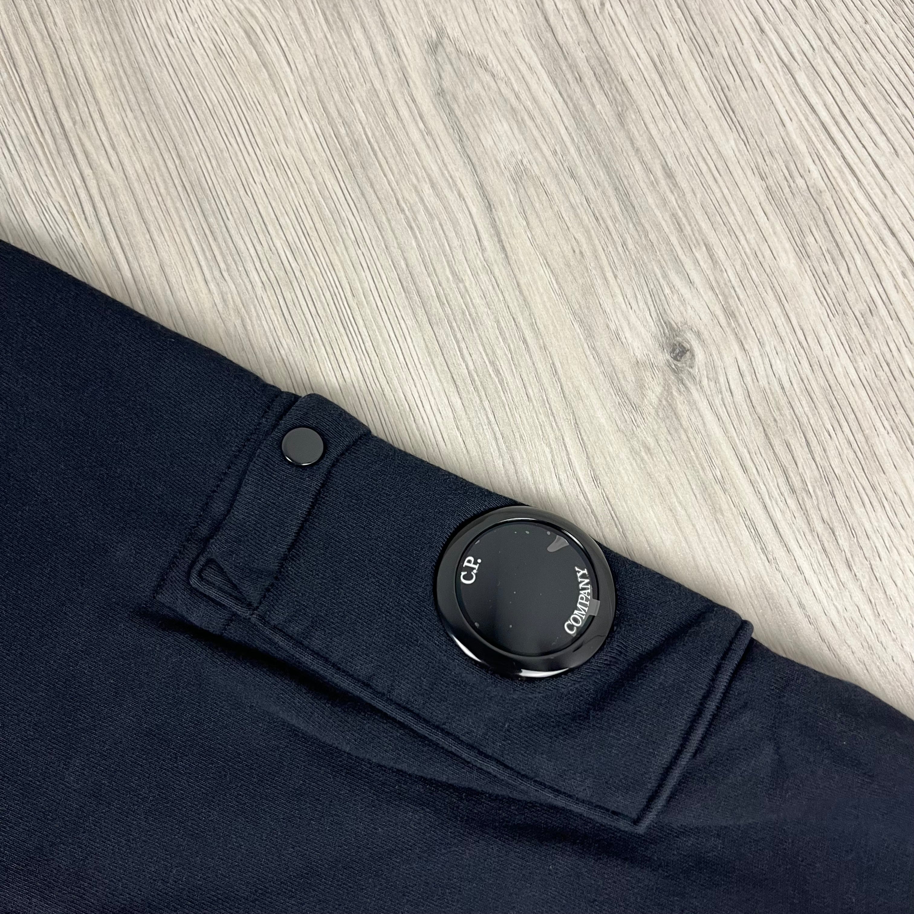 Men's CP Company Raised Fleece Zip Sweatshirt in Total Eclipse Navy Blue. On sale at Open Attire.