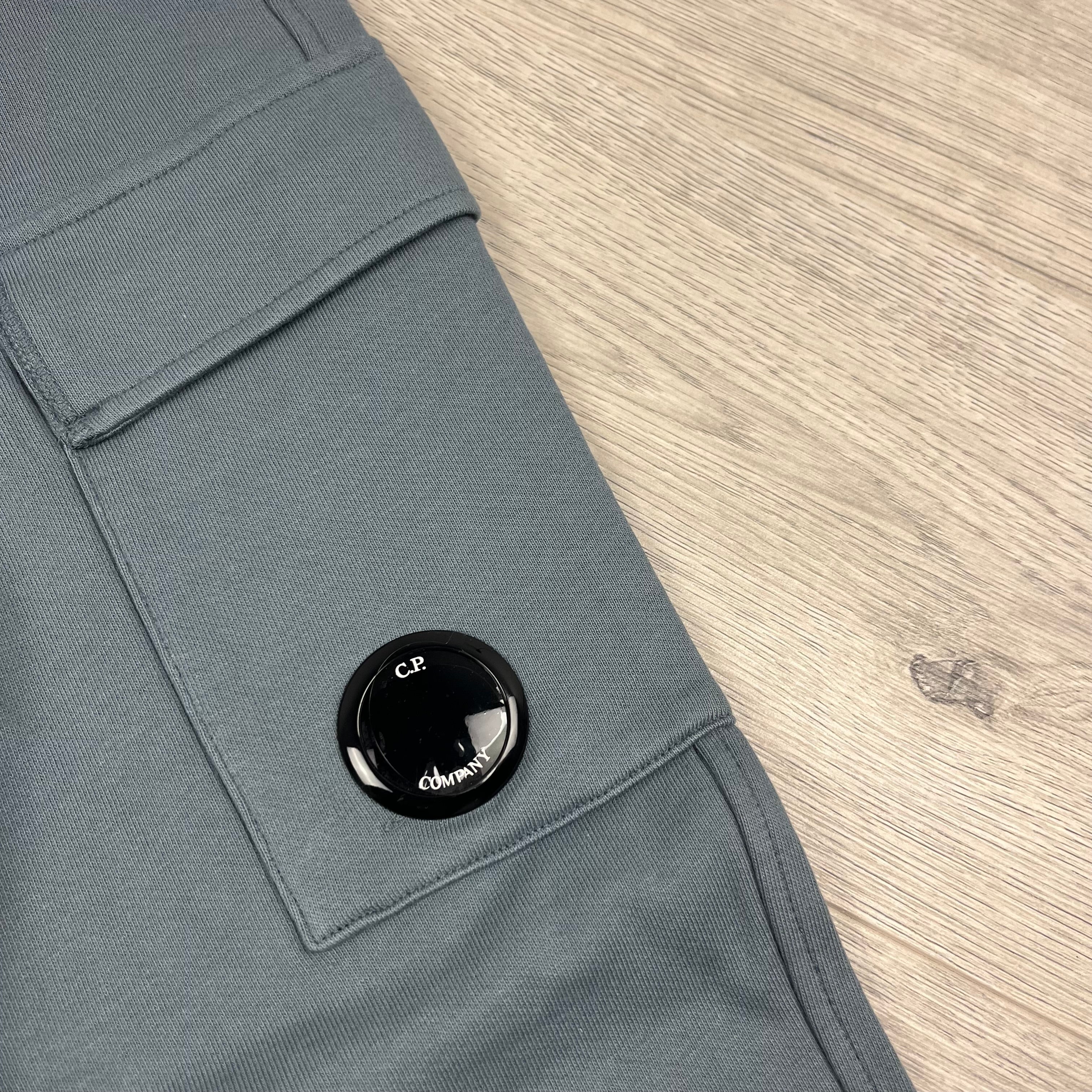 CP Company Raised Fleece Cargo Sweatpants in Stormy Weather. On sale at Open Attire.