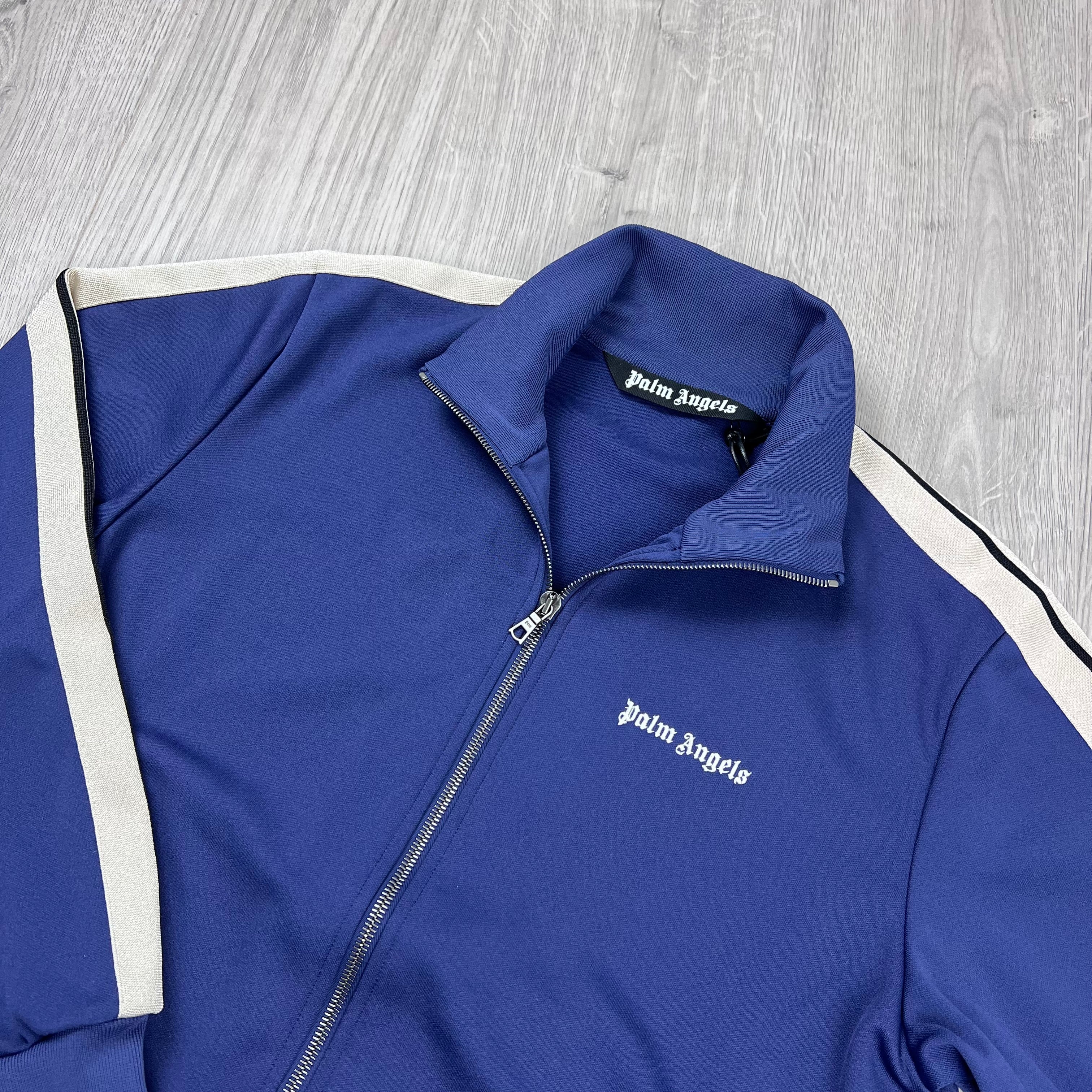 Palm Angels Embroidered Track Jacket in Navy Blue. On sale at Open Attire.