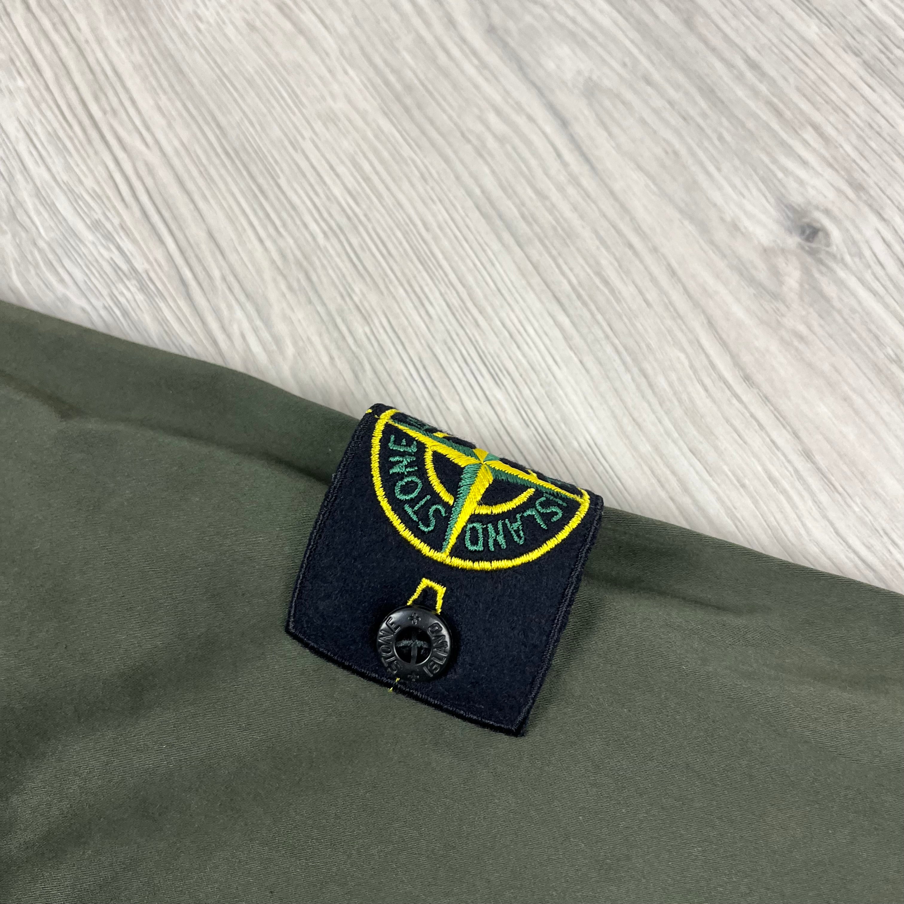 Stone Island Stretch Cotton Satin Overshirt in Military Green. On sale at Open Attire.