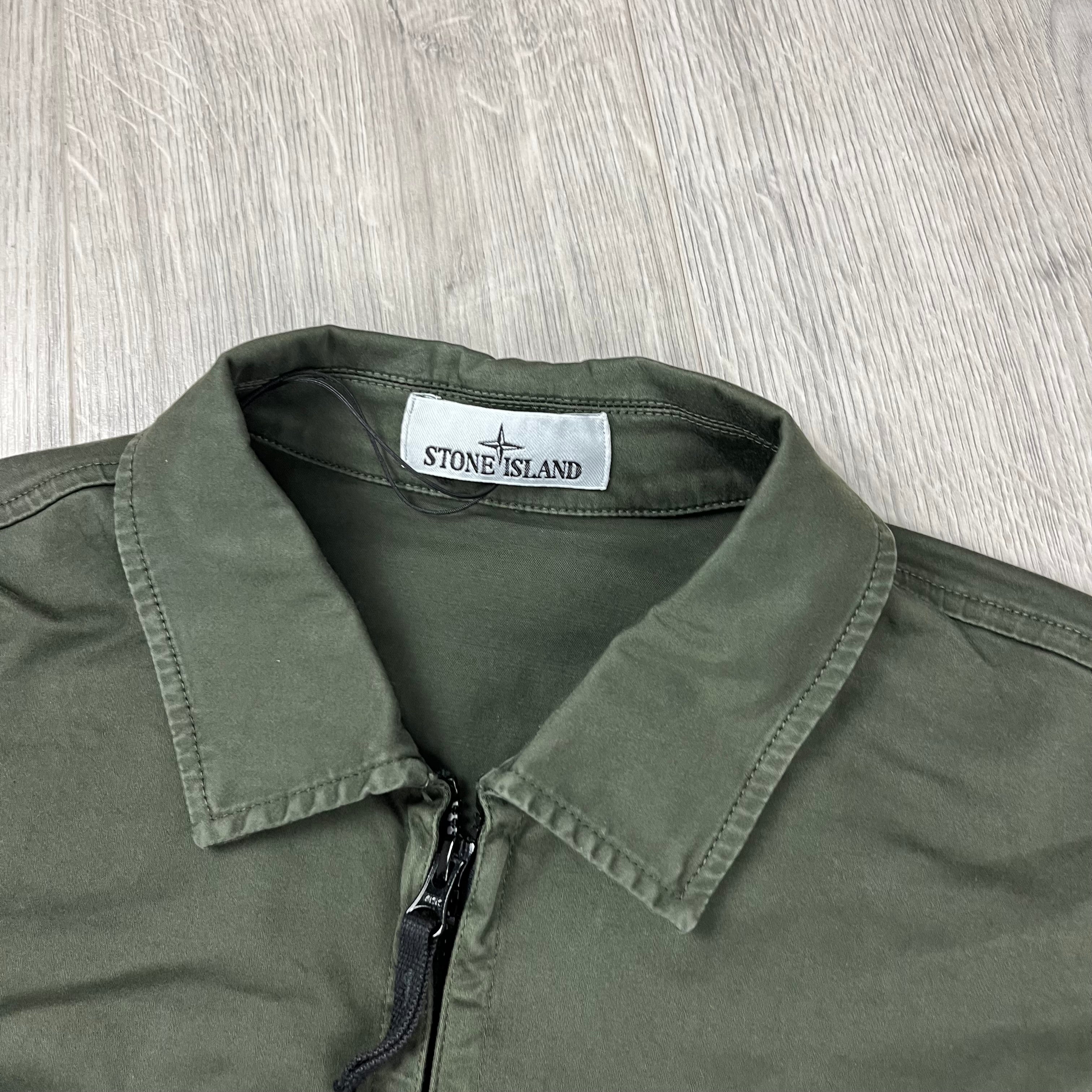 Stone Island Stretch Cotton Satin Overshirt in Military Green. On sale at Open Attire.