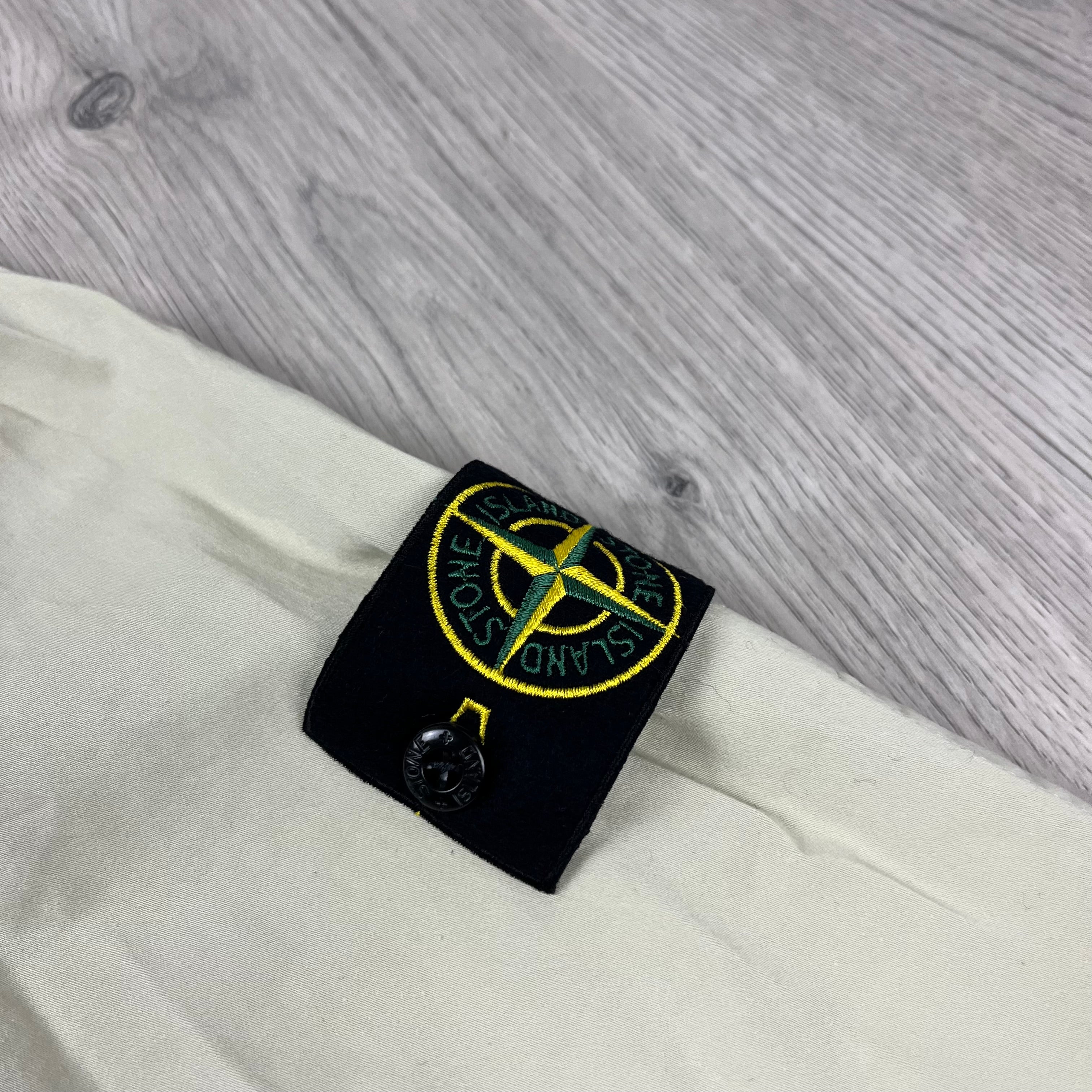 Stone Island Stretch Cotton Satin Overshirt in Sand Beige. On sale at Open Attire.