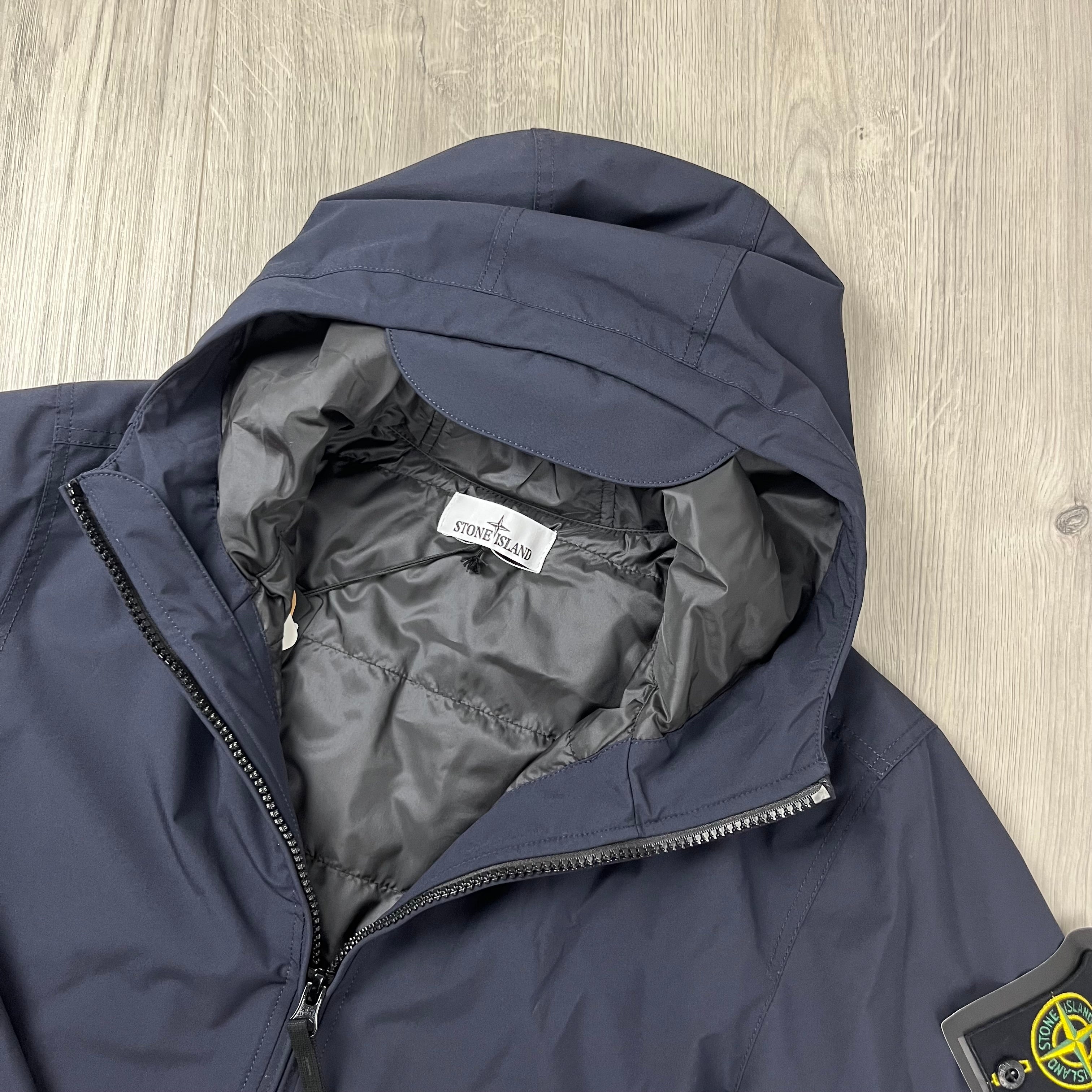 Stone Island Soft Shell-R PrimaLoft Jacket in Navy Blue. On sale at Open Attire.