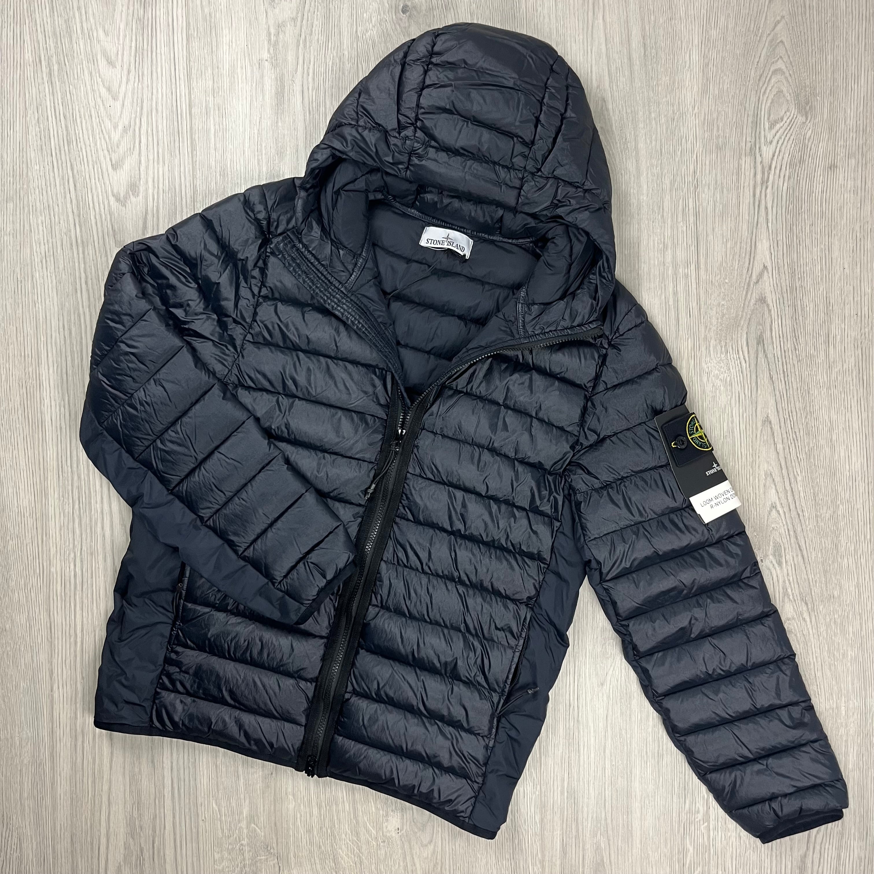 Stone Island Loom Woven Nylon Down-TC Jacket in Navy Blue. On sale at Open Attire.