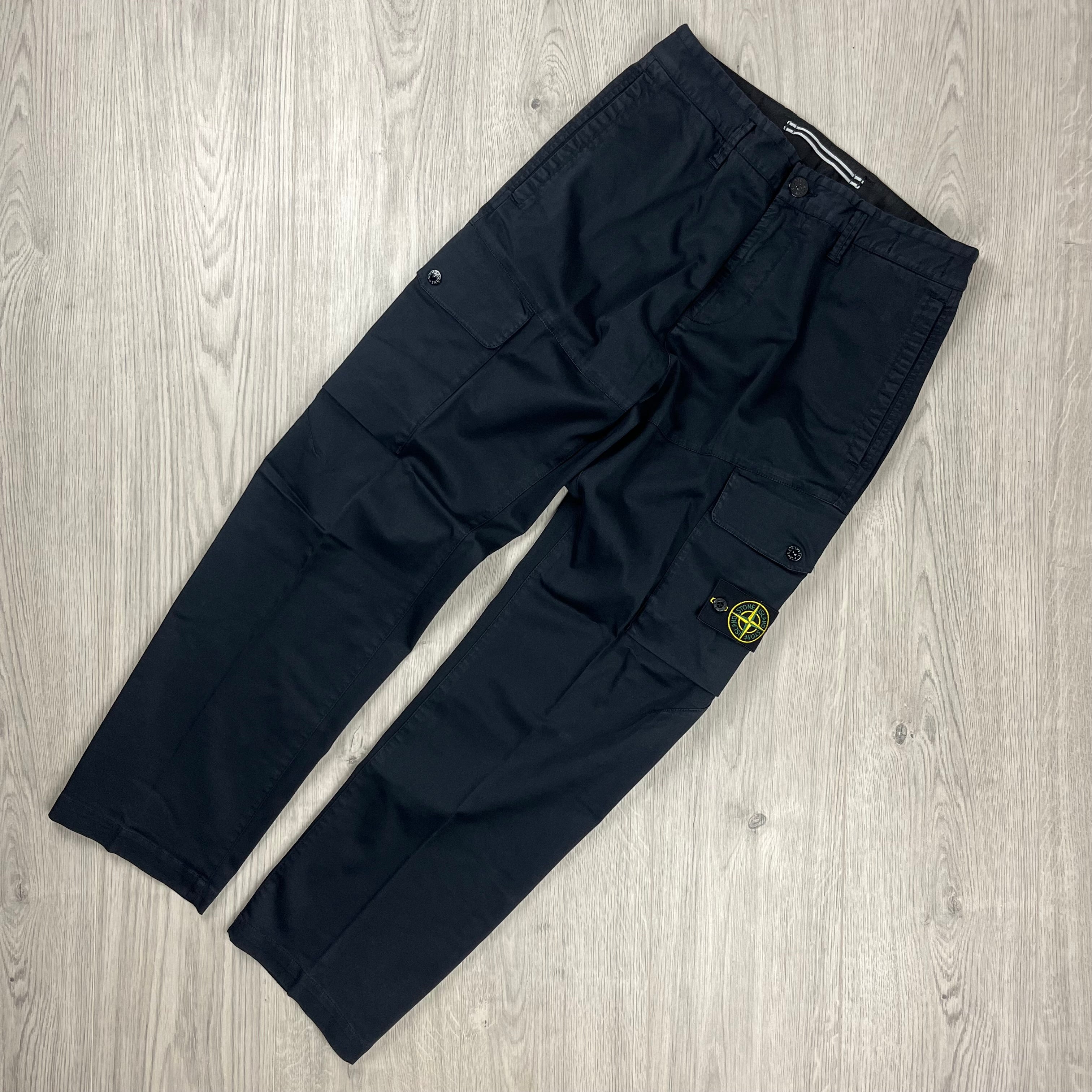 Stone Island Cotton Satin Cargo Trousers in Navy Blue. On sale at Open Attire