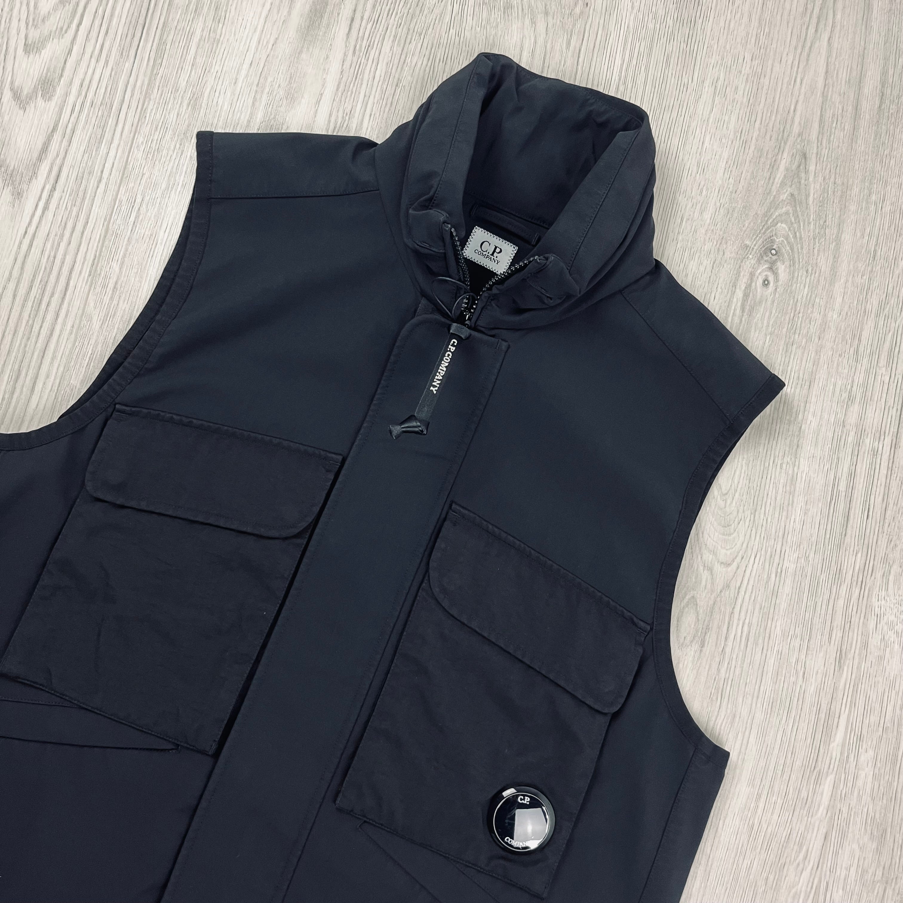 CP Company GD Shell Mixed Lens Gilet in Black. On sale at Open Attire.