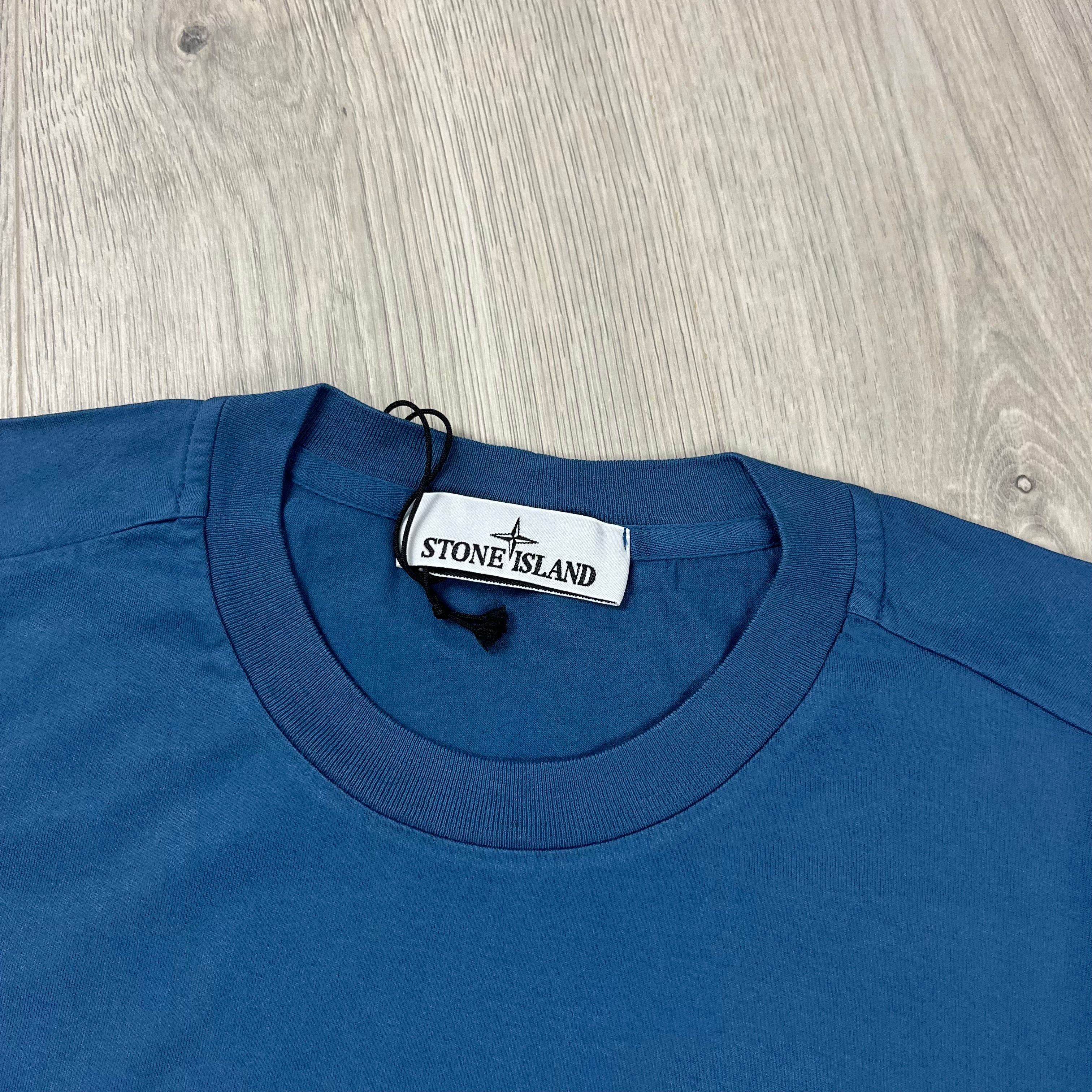 Stone Island Patch T-shirt in Avio Blue. On sale at Open Attire.