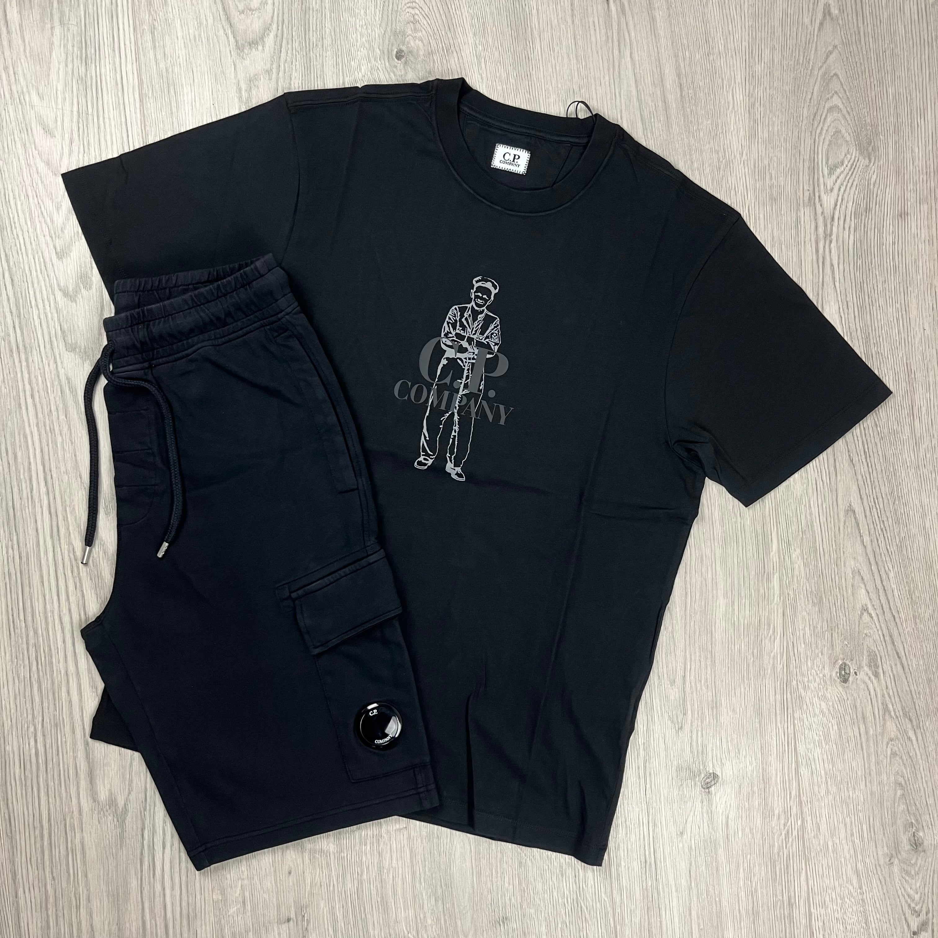 CP Company Tracksuit consisting of Black T-shirt and Jersey Shorts. On sale at Open Attire. 