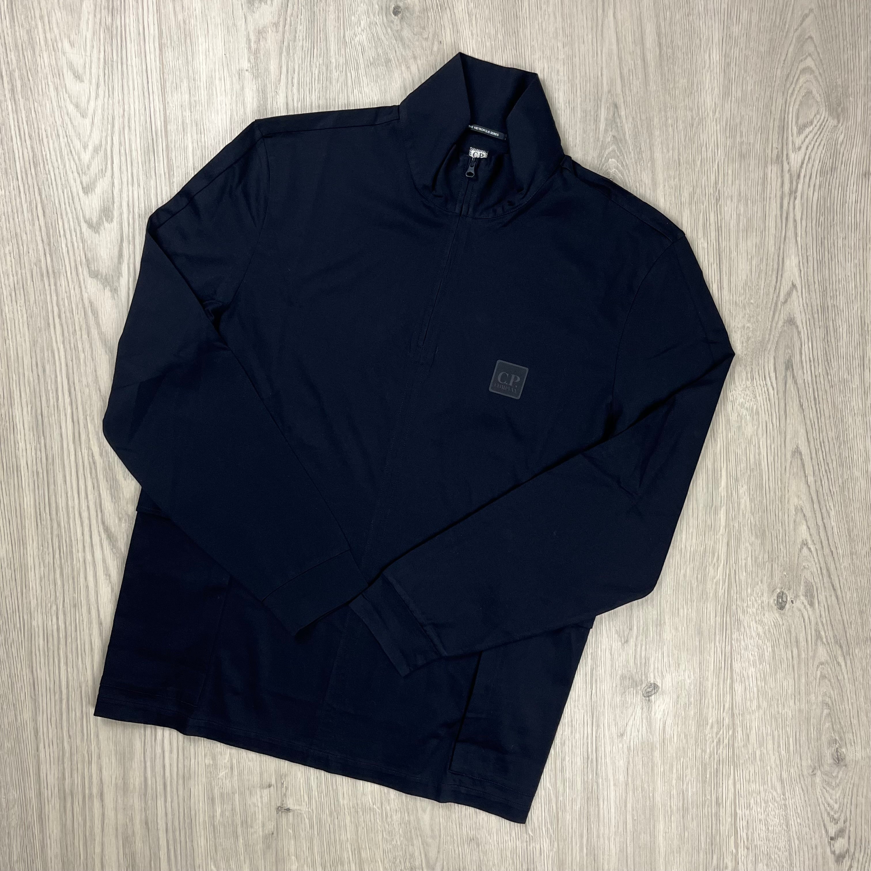 CP Company Metropolis Zip Sweatshirt in Total Eclipse Navy Blue. On sale at Open Attire. 