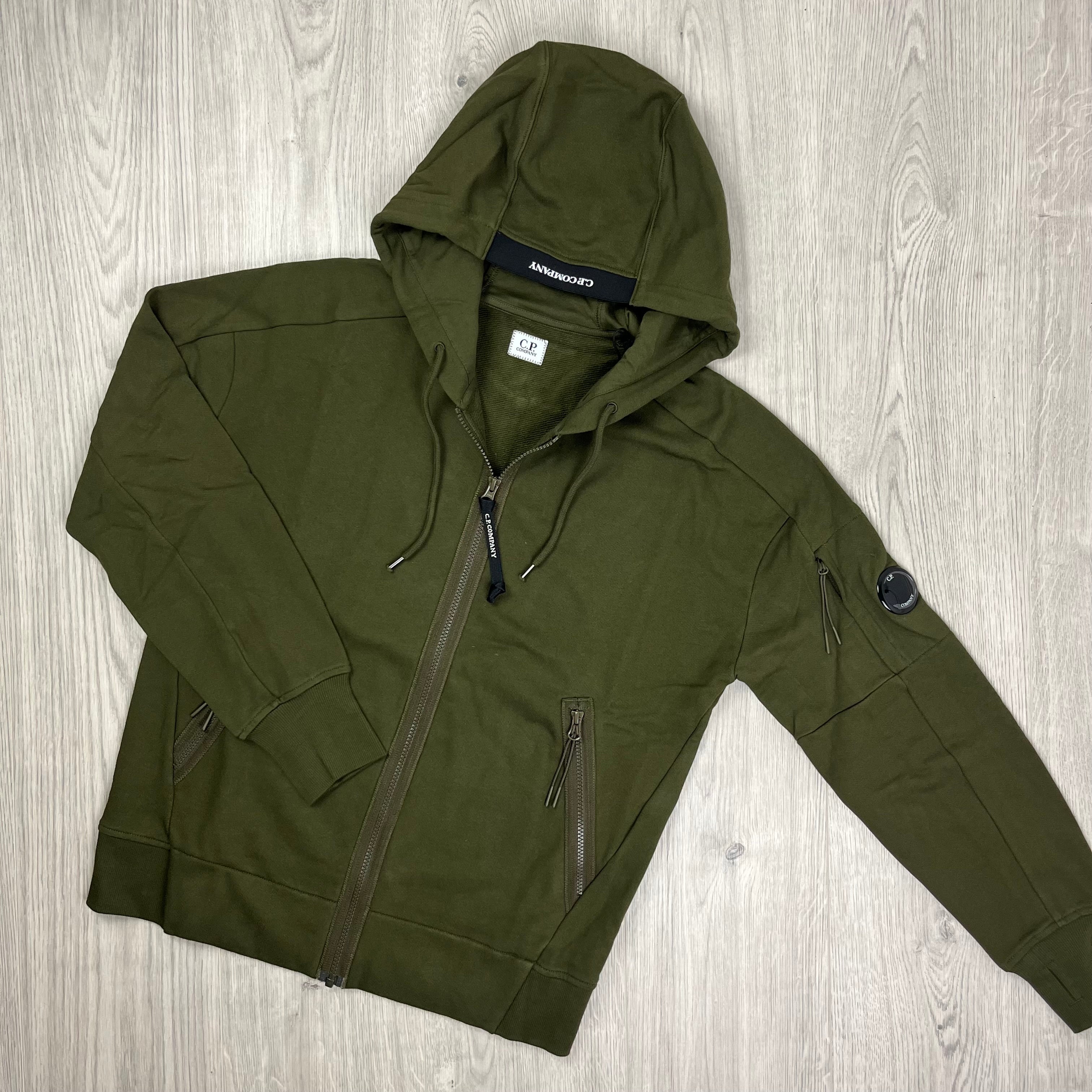 CP Company Diagonal Raised Fleece Zipped Hooded Sweatshirt in Ivy Green. On Sale at Open Attire.