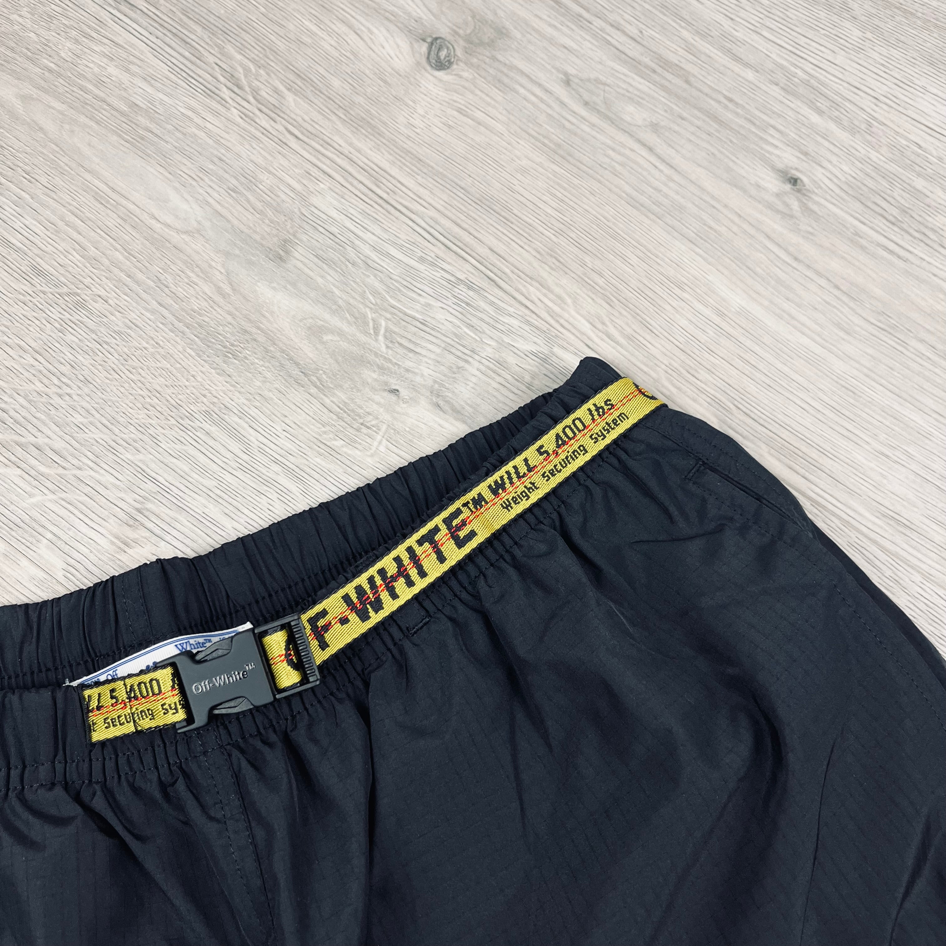 Off-White Industrial Belt Cargo Swim Shorts in Black. On sale at Open Attire.