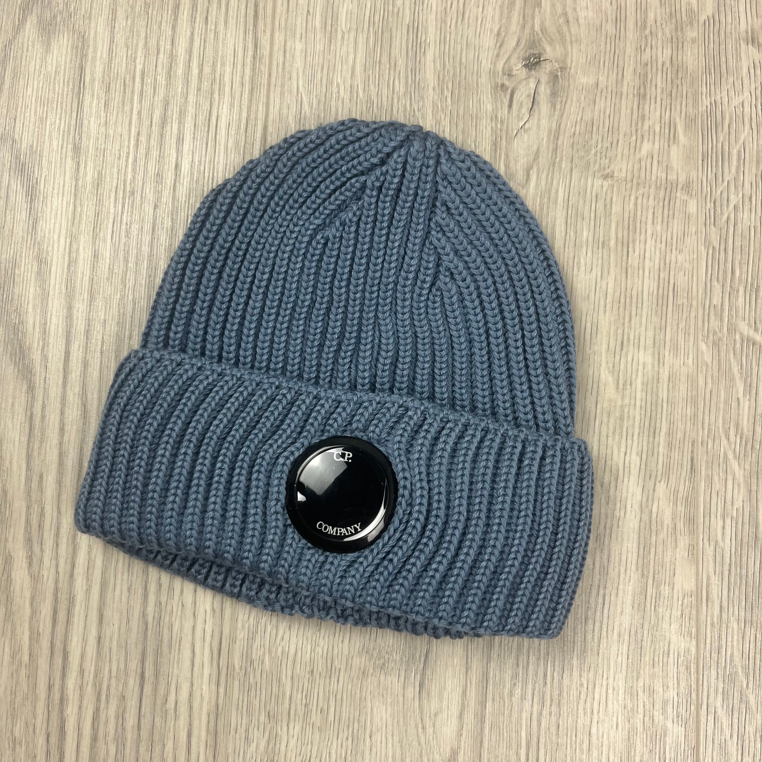 CP Company Merino Wool Lens Beanie in Flint Stone Blue. On sale at Open Attire.