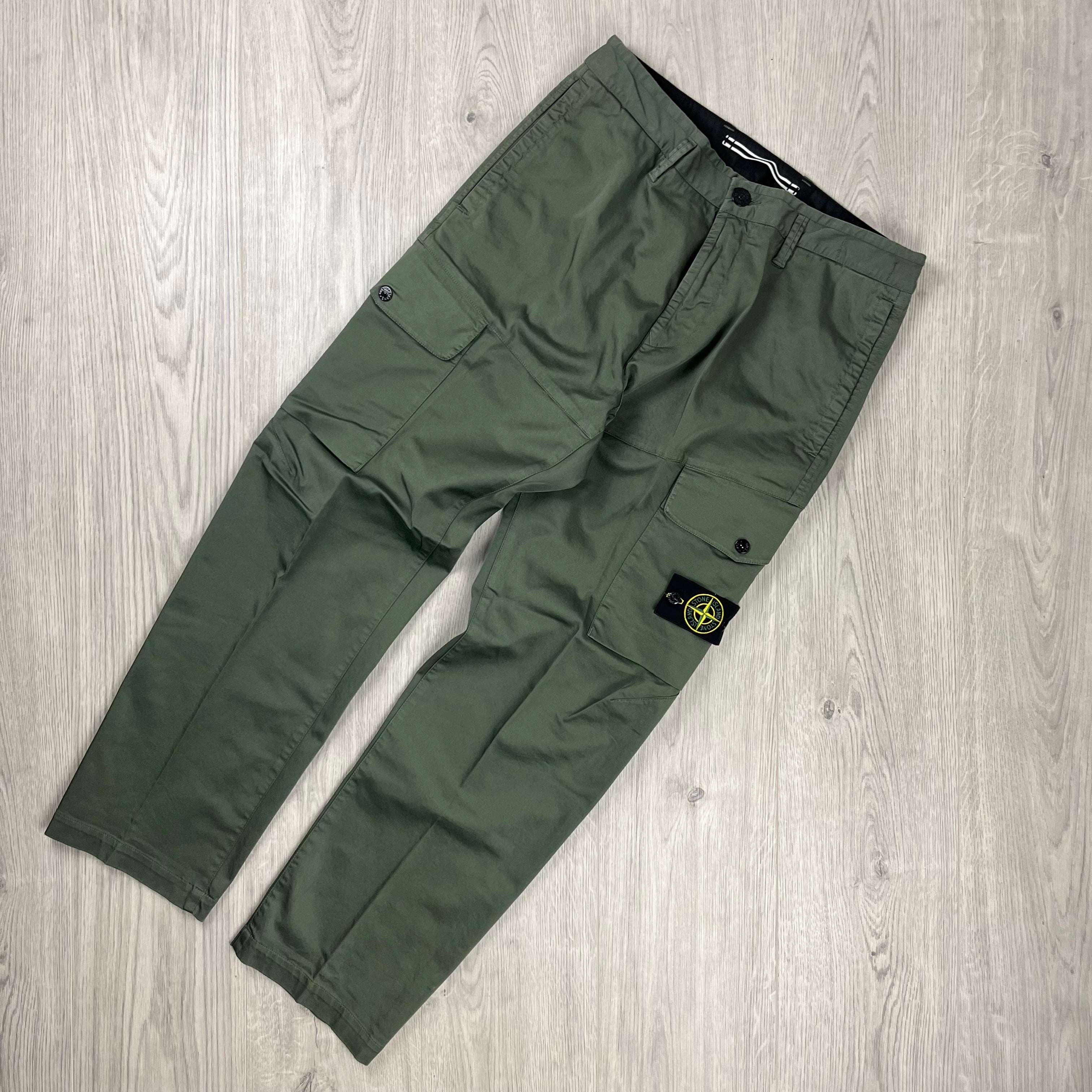 Stone Island Cotton Satin Cargo Trousers in Musk Green. On sale at Open Attire.