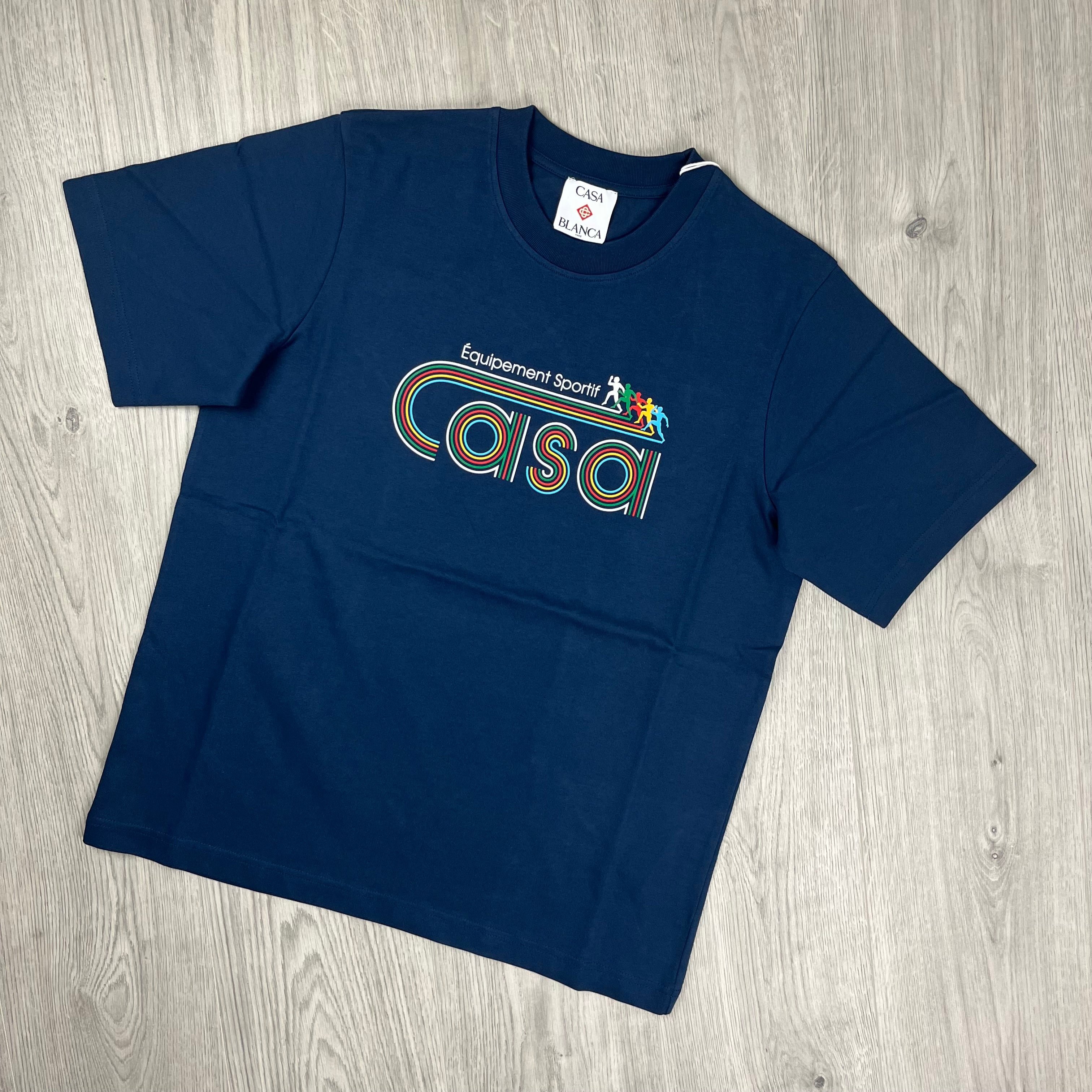 Casablanca Paris Equipment Sportif T-Shirt in Navy Blue. On sale at Open Attire.