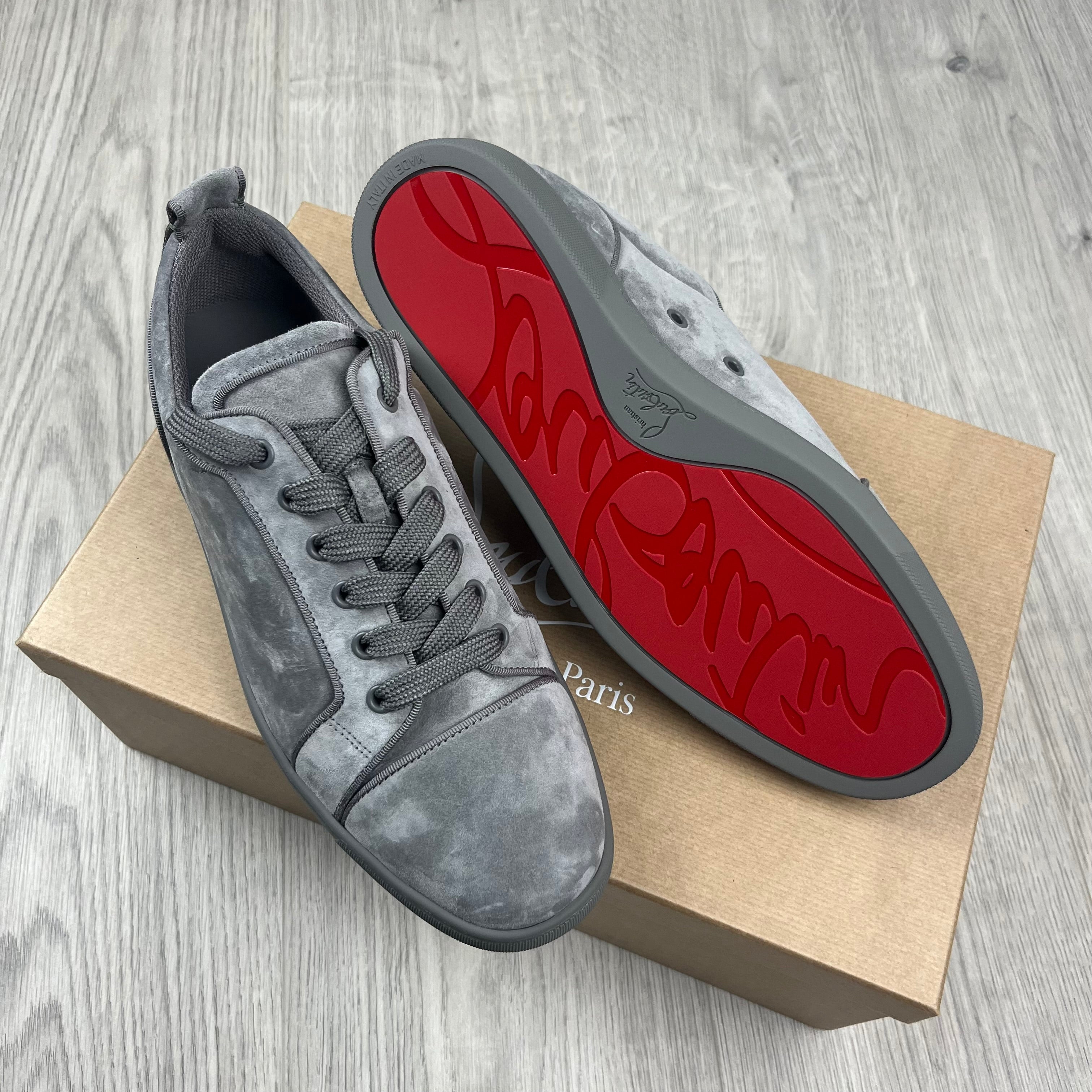Men's Christian Louboutin Louis Junior Orlato Flat Sneakers in Smoke Grey. On sale at Open Attire.