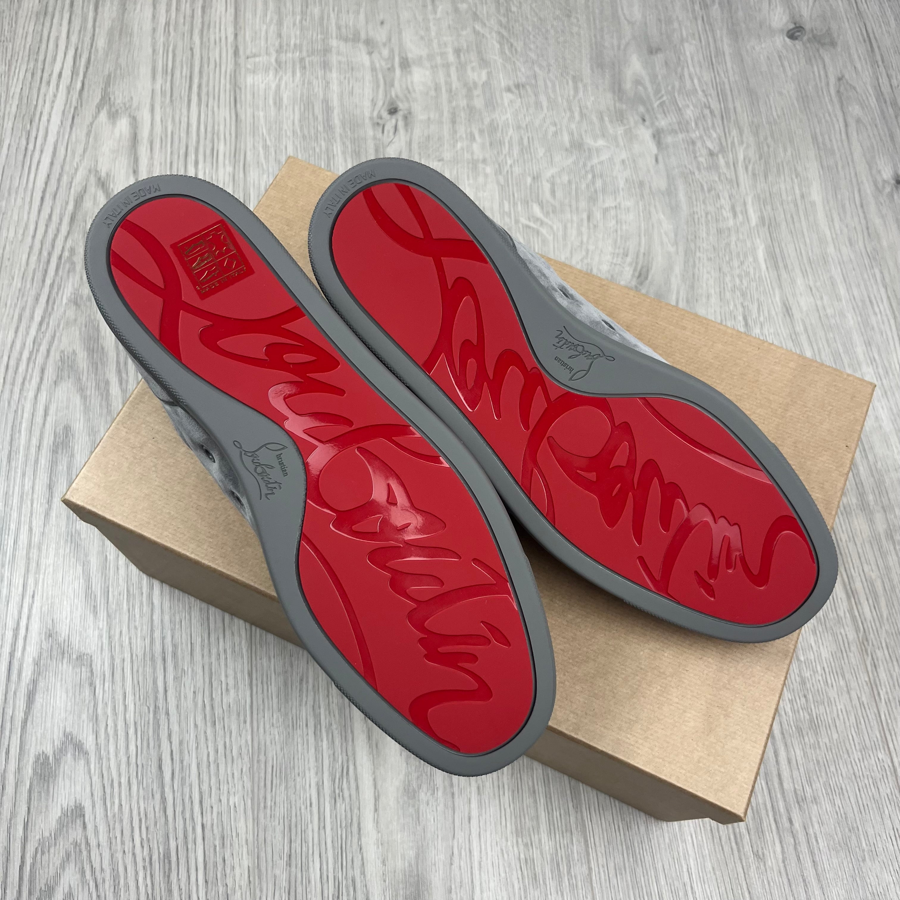 Men's Christian Louboutin Louis Junior Orlato Flat Sneakers in Smoke Grey. On sale at Open Attire.
