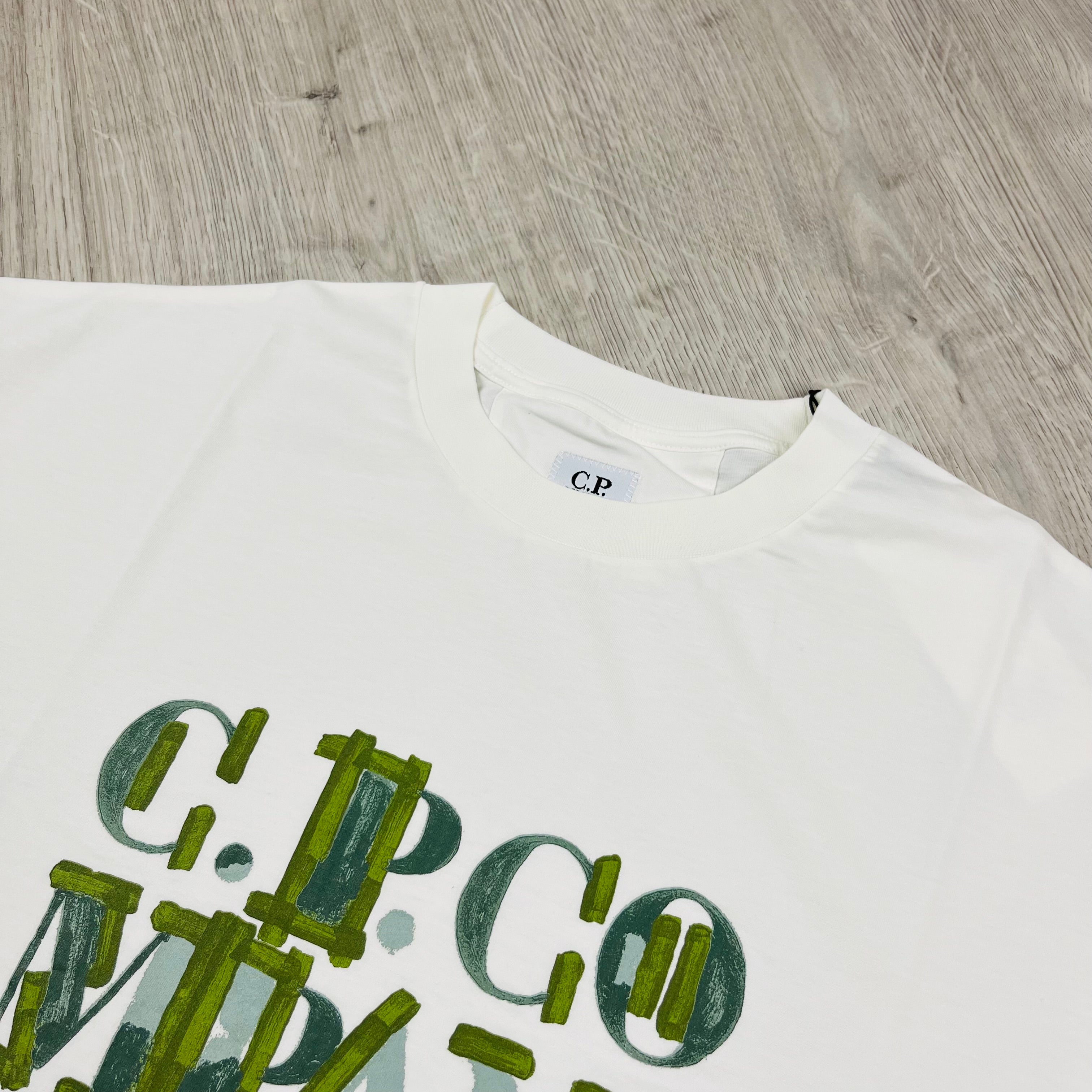 CP Company Blurred Logo T-Shirt in Gauze White. On sale at Open Attire.