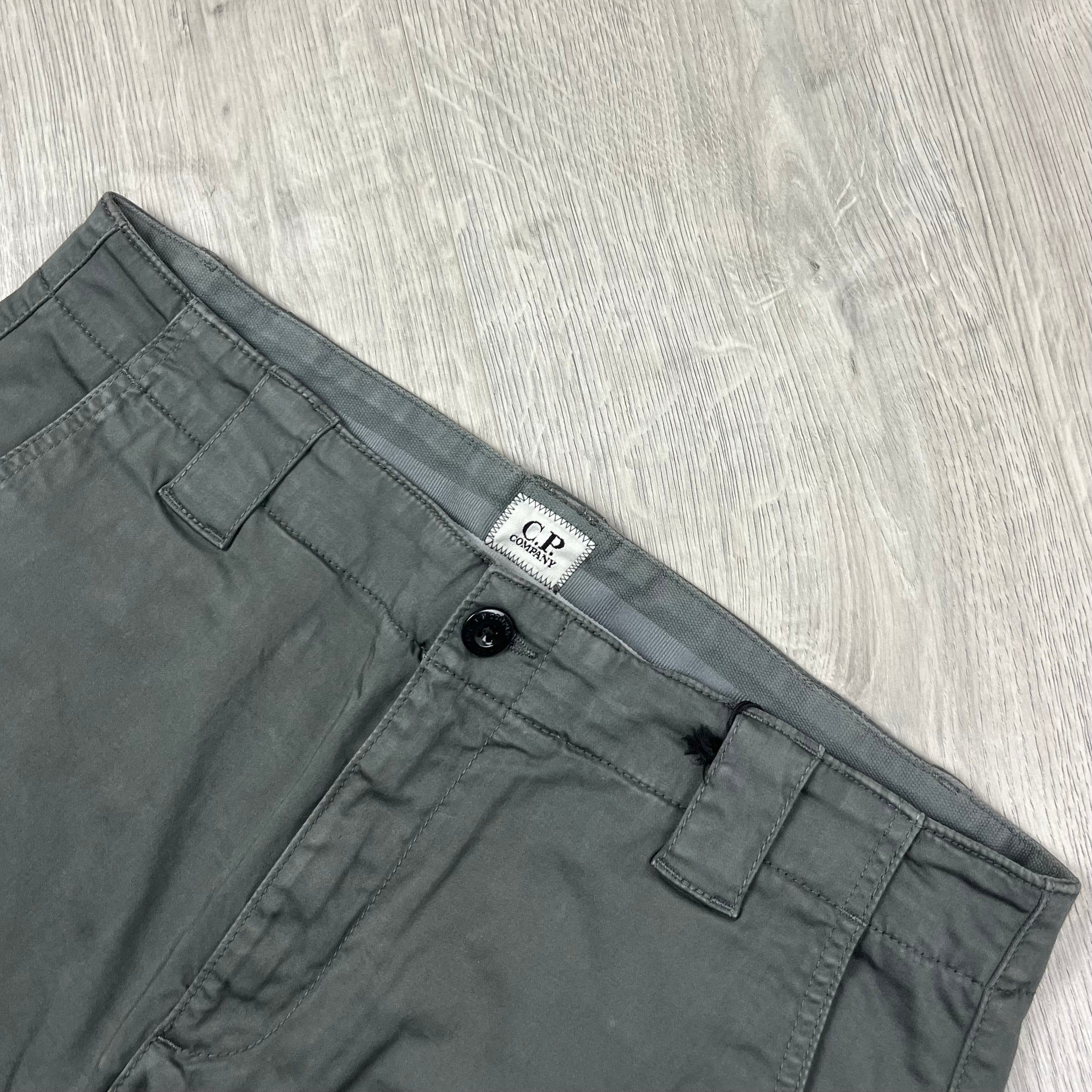 CP Company Gabardine Cargo Shorts in Smoked Pearl. On sale at Open Attire.