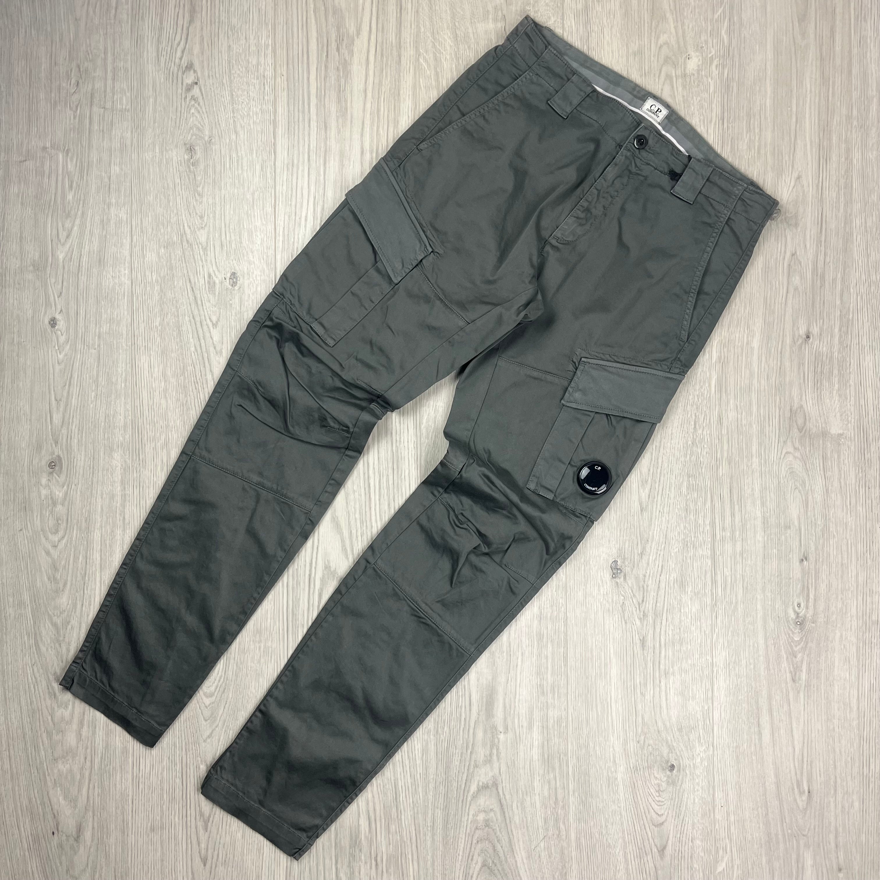 CP Company Stretch Sateen Cargo Trousers in Smoked Pearl. On sale at Open Attire.