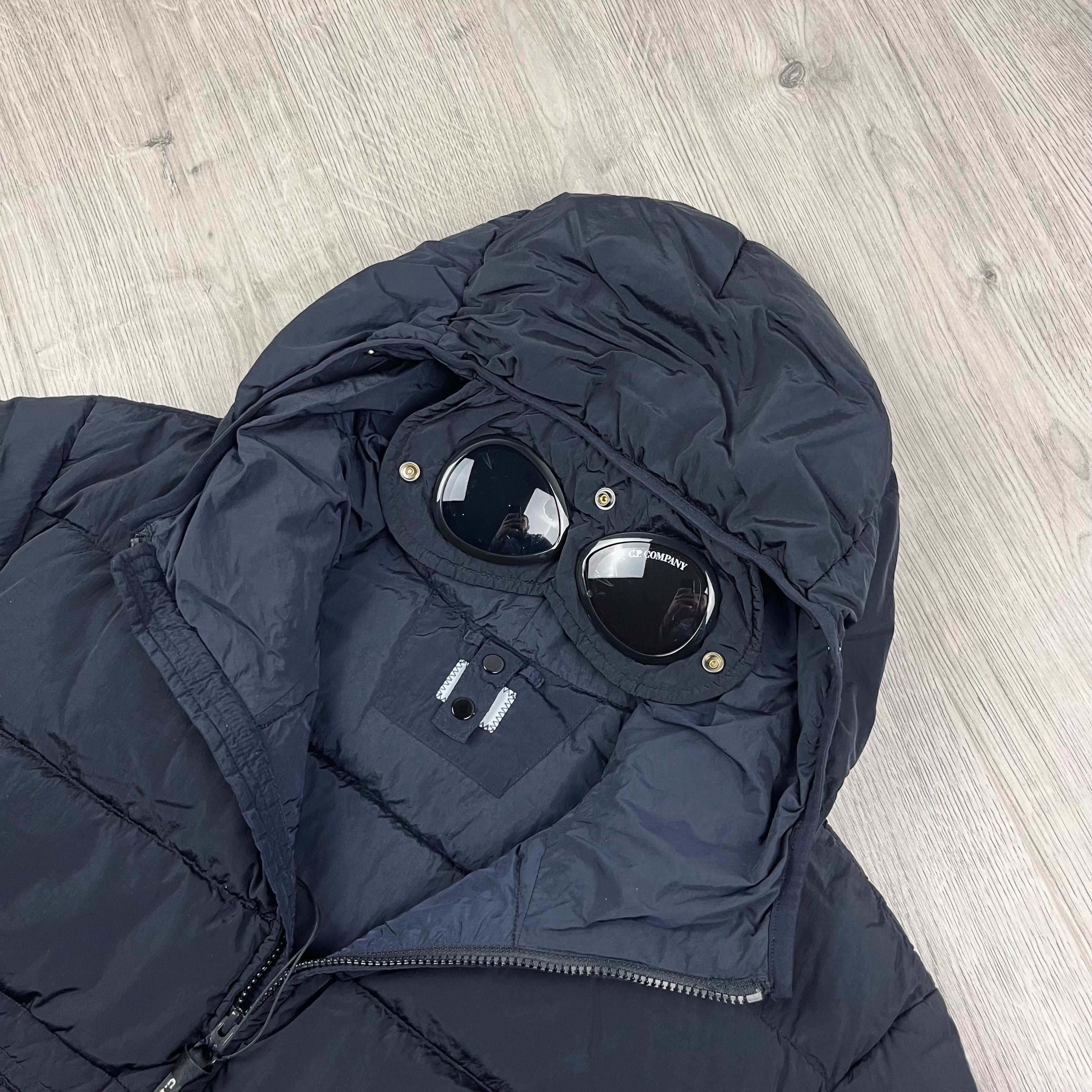 CP Company Chrome-R Goggle Down Jacket in Total Eclipse Navy Blue. On sale at Open Attire.