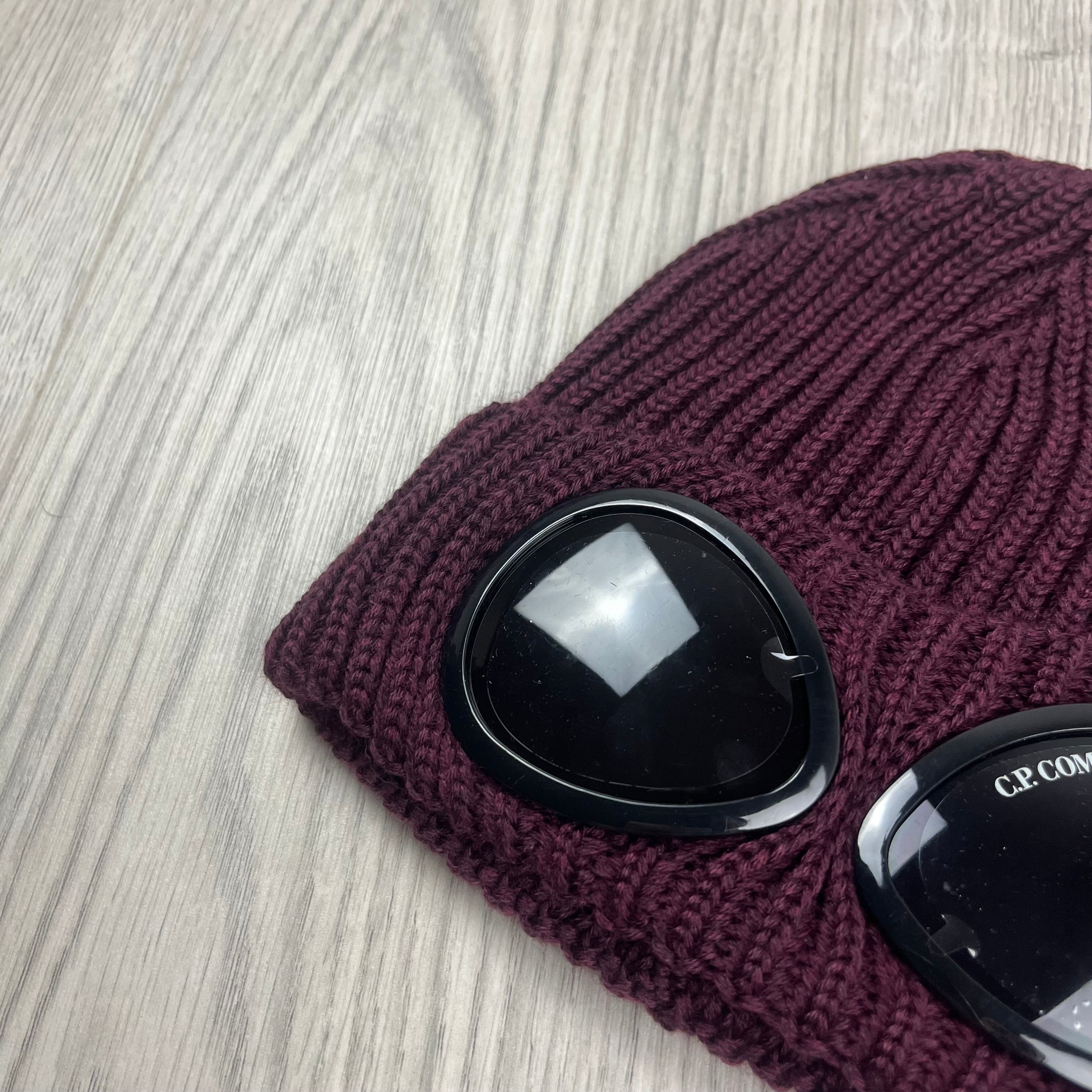 CP Company Merino Wool Lens Beanie in Potent Purple. On sale at Open Attire.