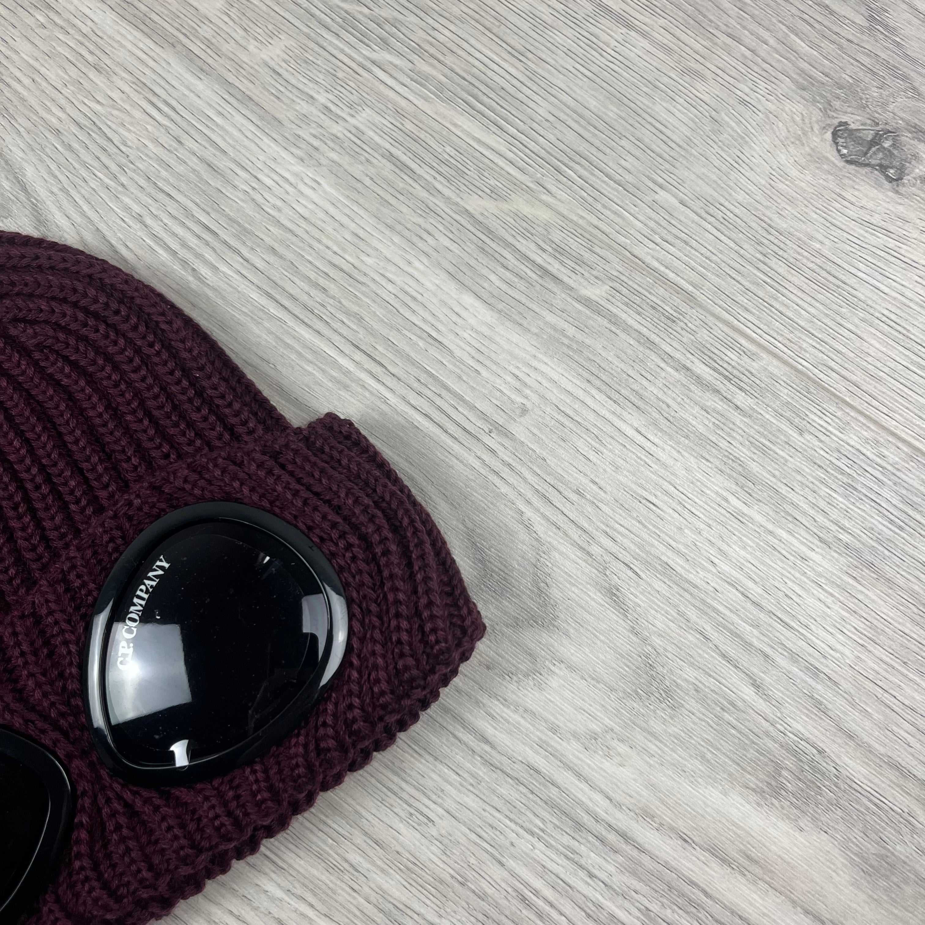 CP Company Merino Wool Lens Beanie in Potent Purple. On sale at Open Attire.