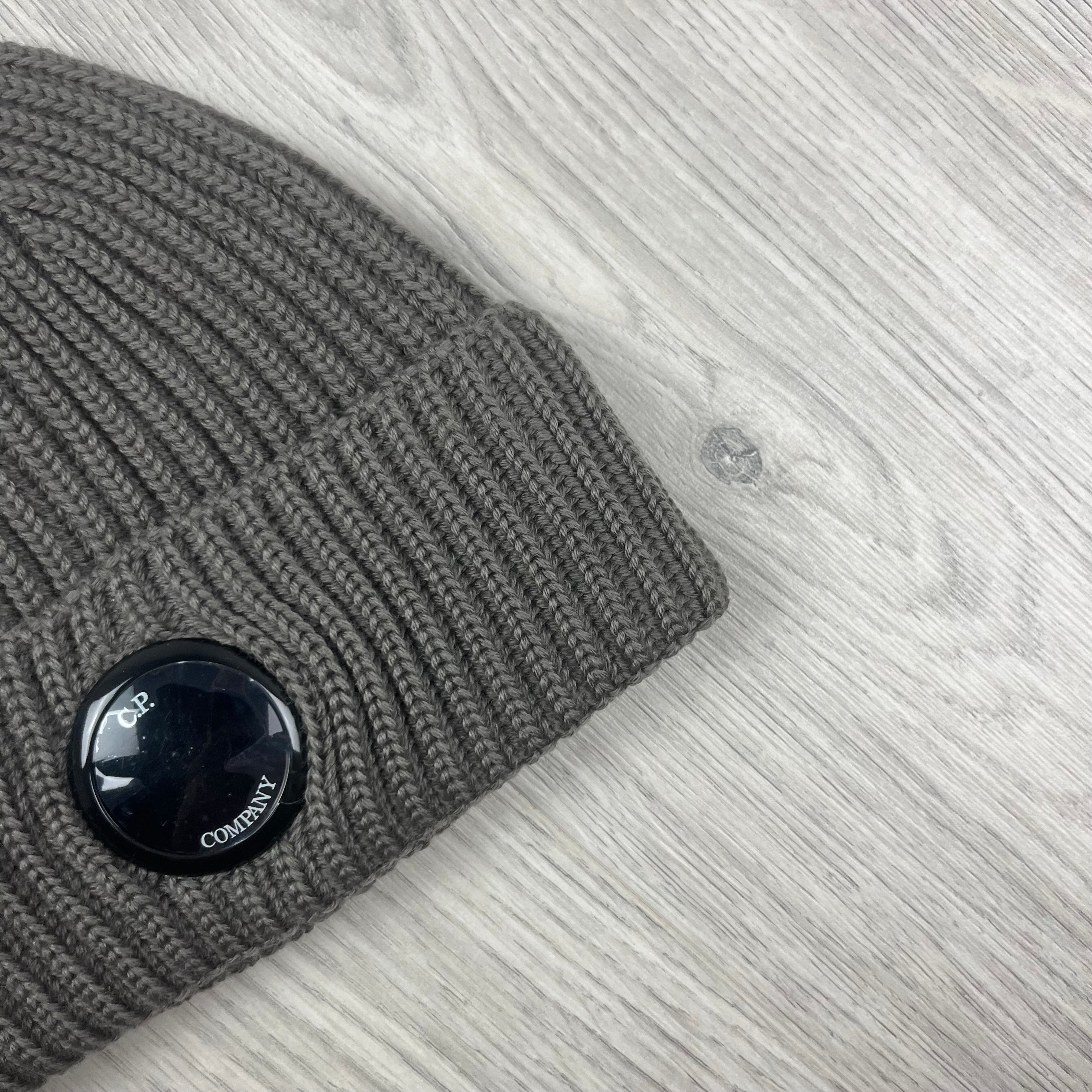 CP Company Merino Wool Lens Beanie in Walnut Beige. On sale at Open Attire.