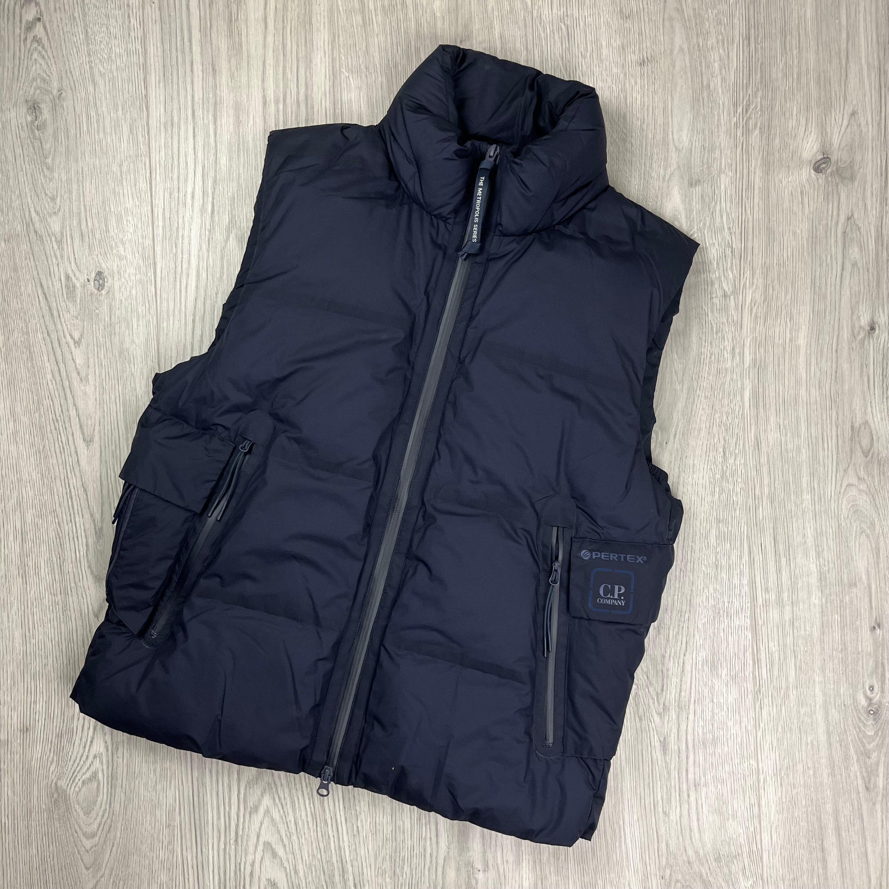 CP Company Metropolis Series Gilet in Sky Captain Navy Blue. On sale at Open Attire.