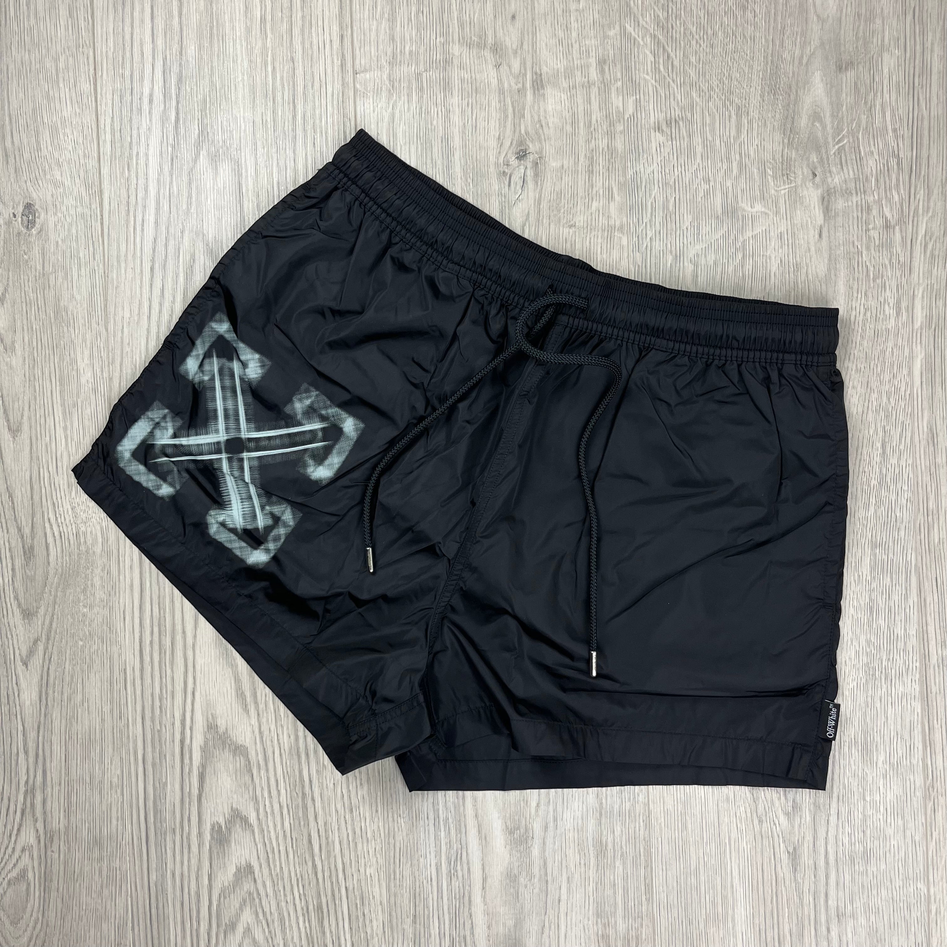 Off-White c/o Virgil Abloh Vibe Arrow Swim Shorts in Black. On sale at Open Attire.