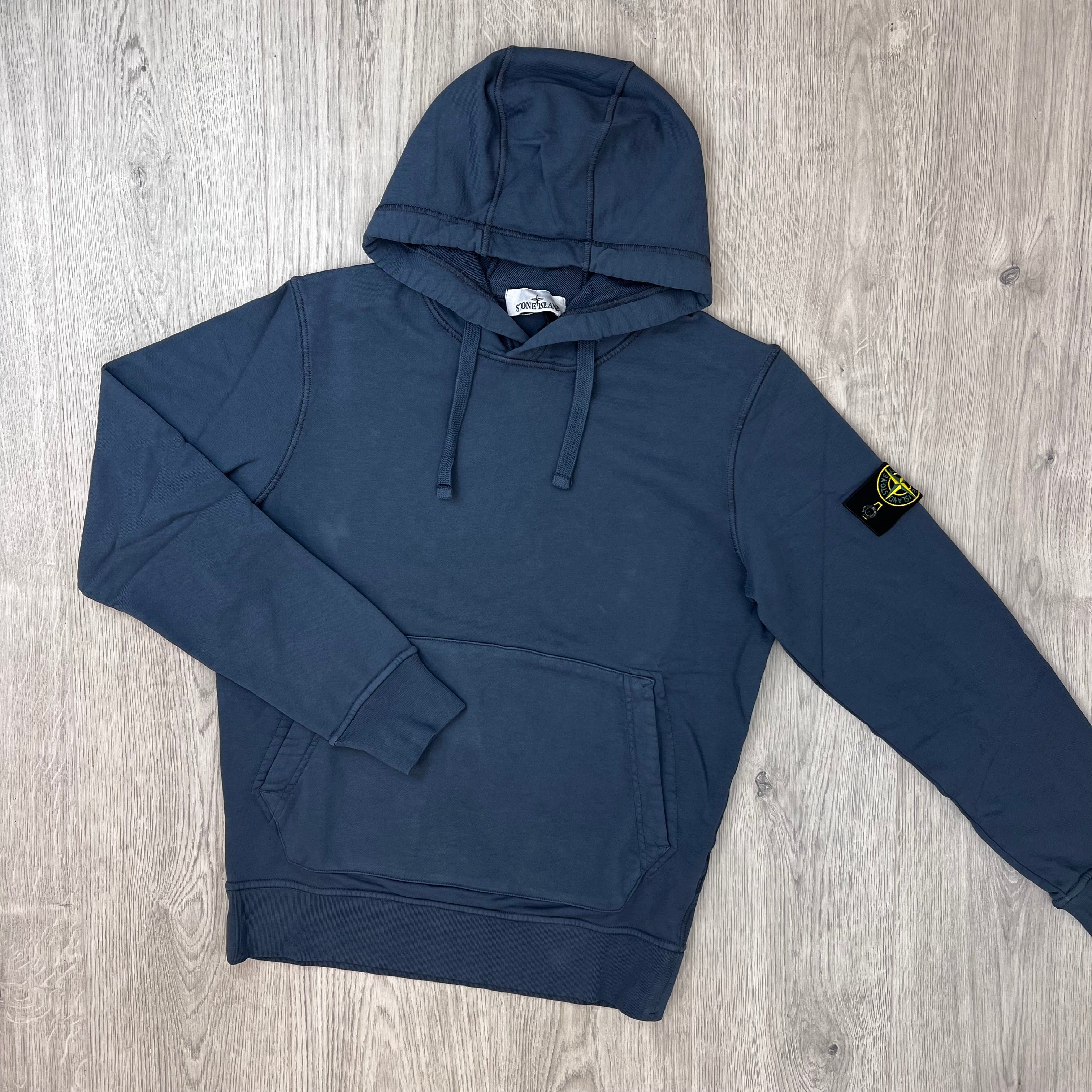 Front view of a Stone Island Pullover Hoodie in Slate Blue. 