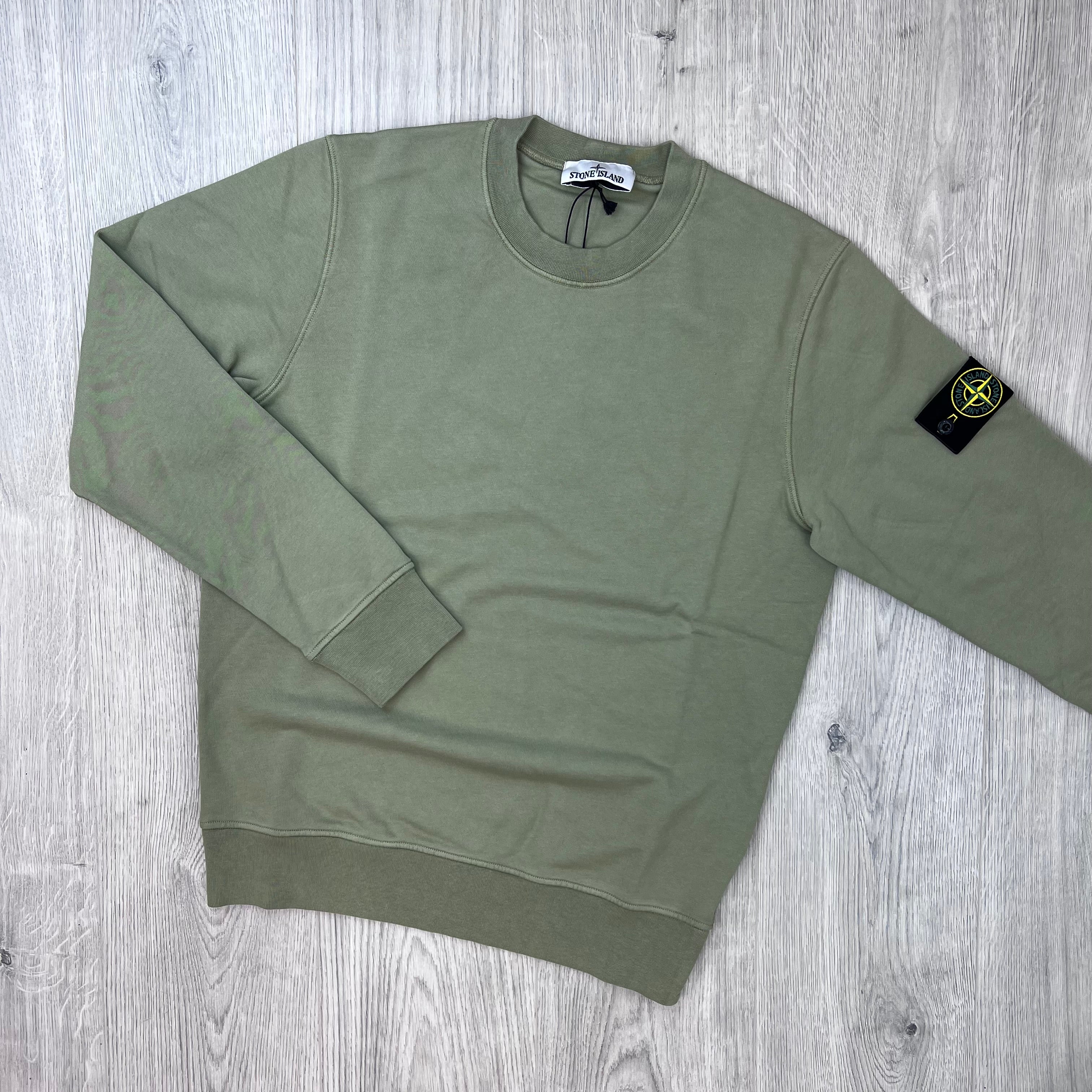Front view of the Stone Island Crewneck Sweatshirt in Laurel Green.