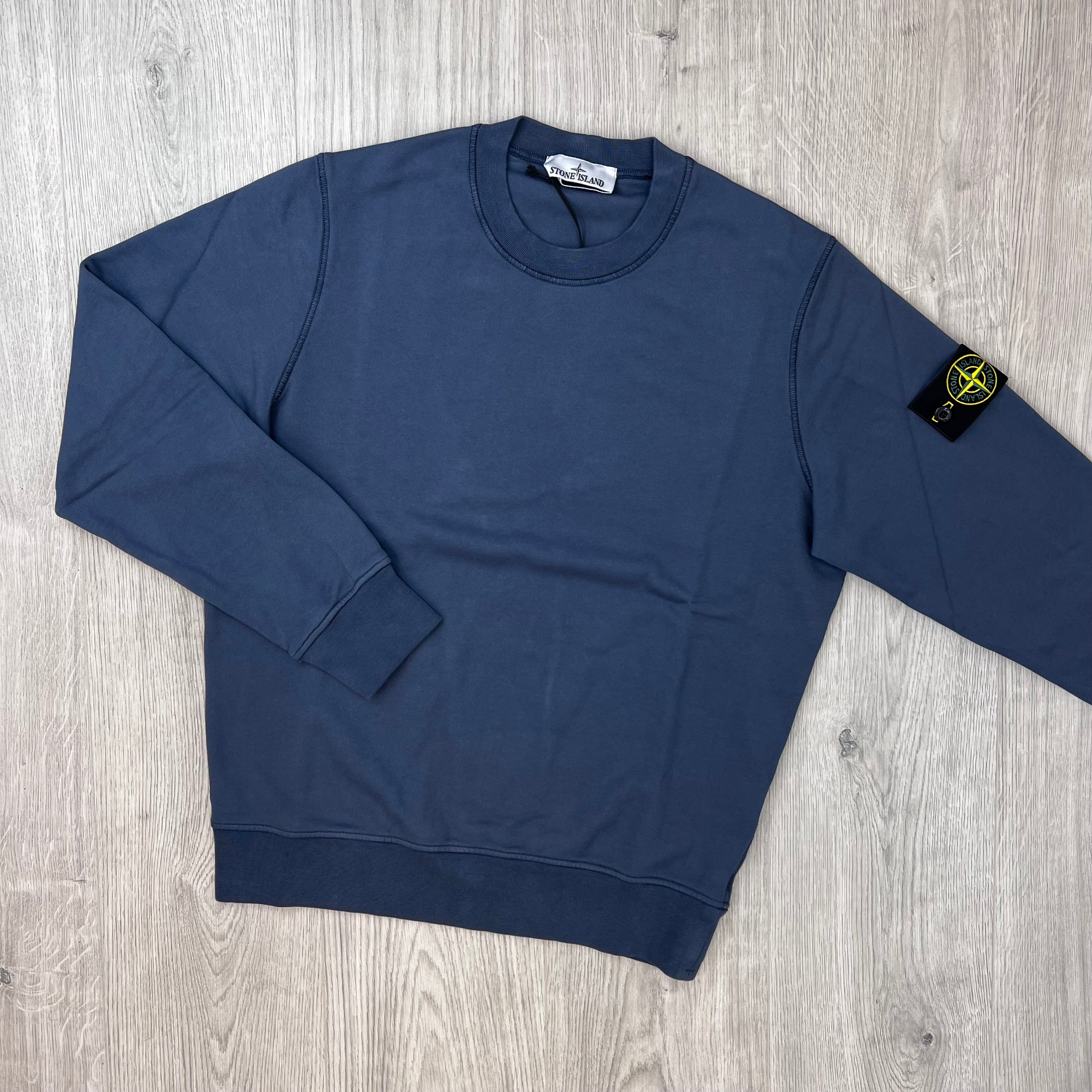 Front view of the Stone Island Crewneck Sweatshirt in Slate Blue.