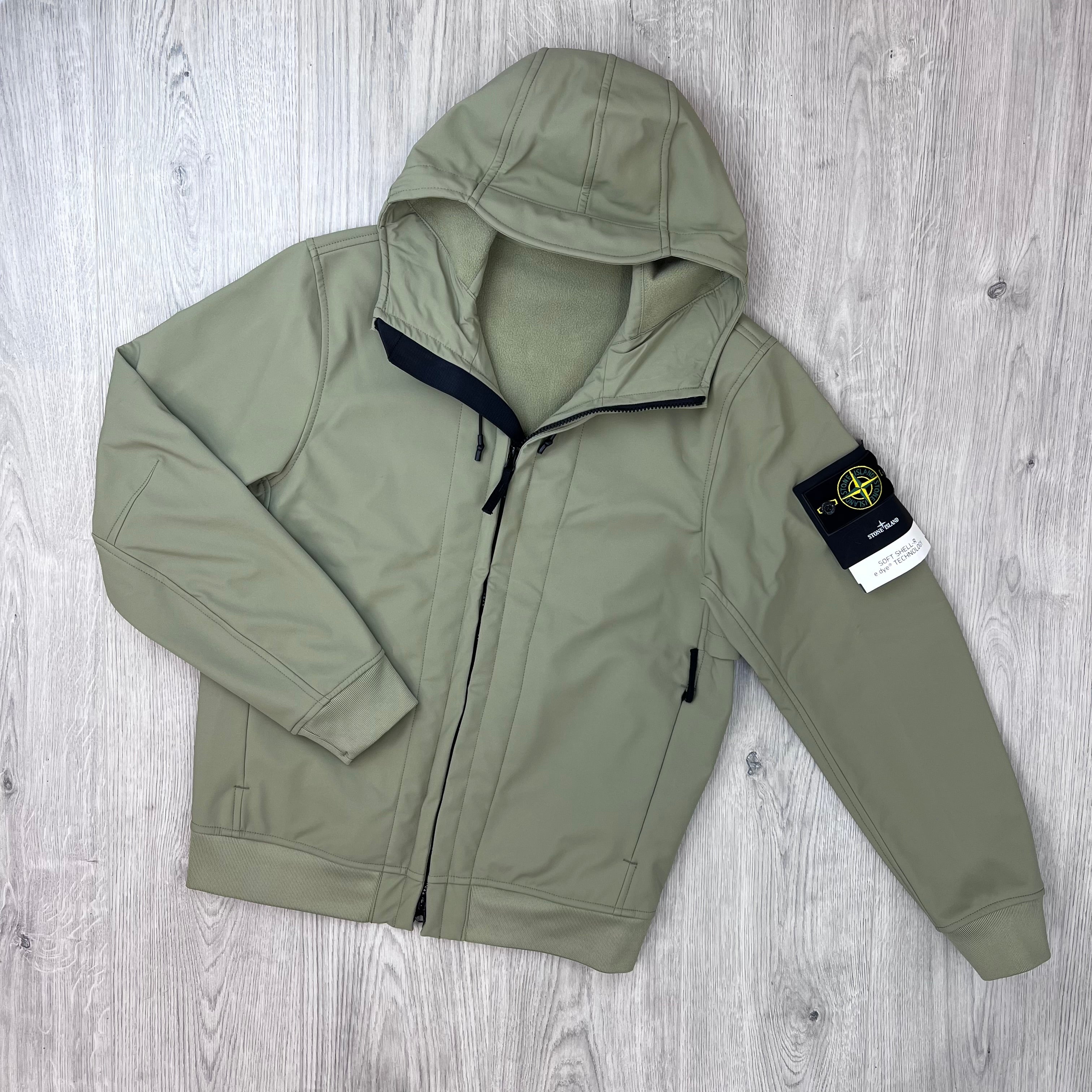 Front view of the Stone Island Soft Shell-R_e.dye® Jacket in Laurel Green.