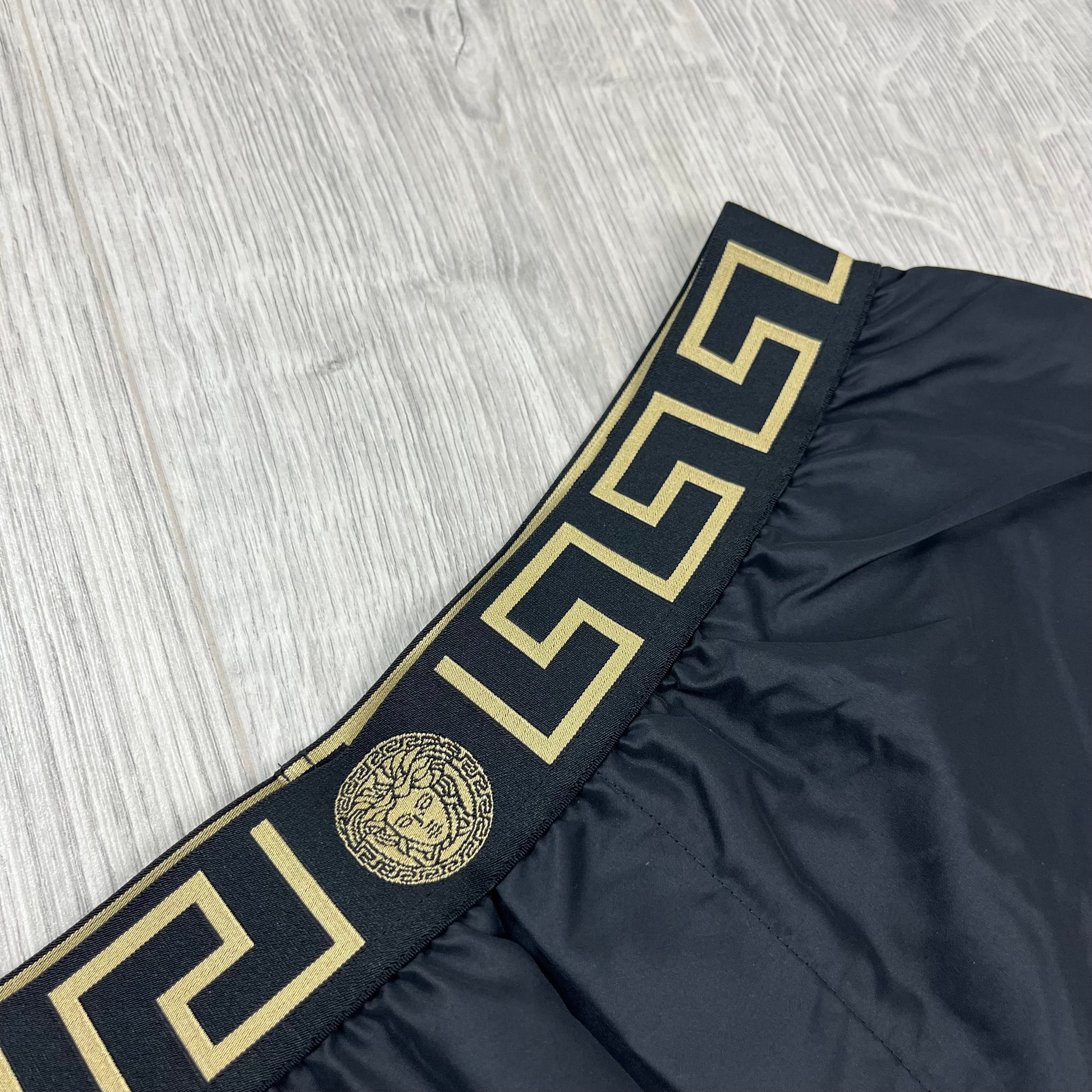 Versace Greca Swim Shorts in Black. On sale at Open Attire.