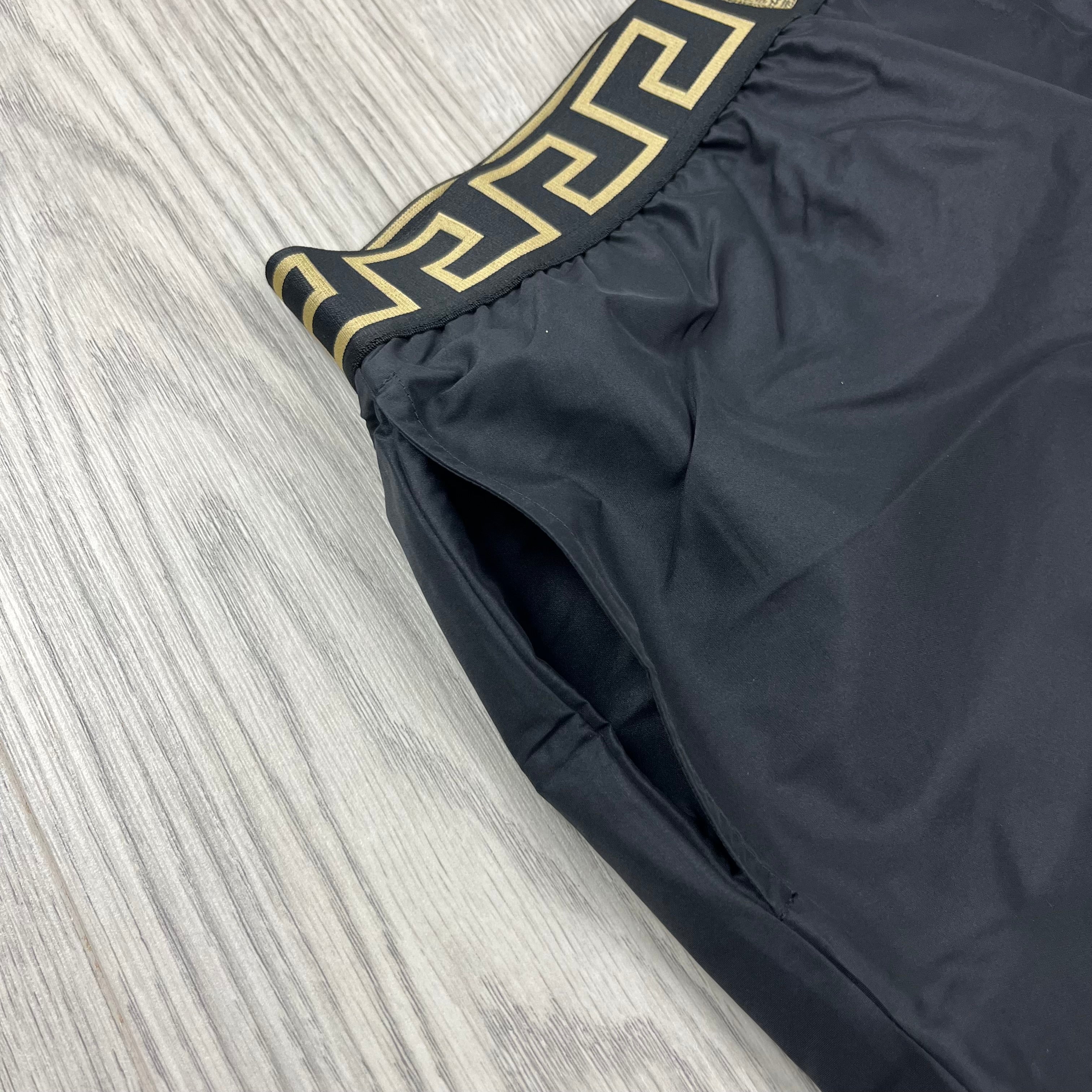 Versace Greca Swim Shorts in Black. On sale at Open Attire.